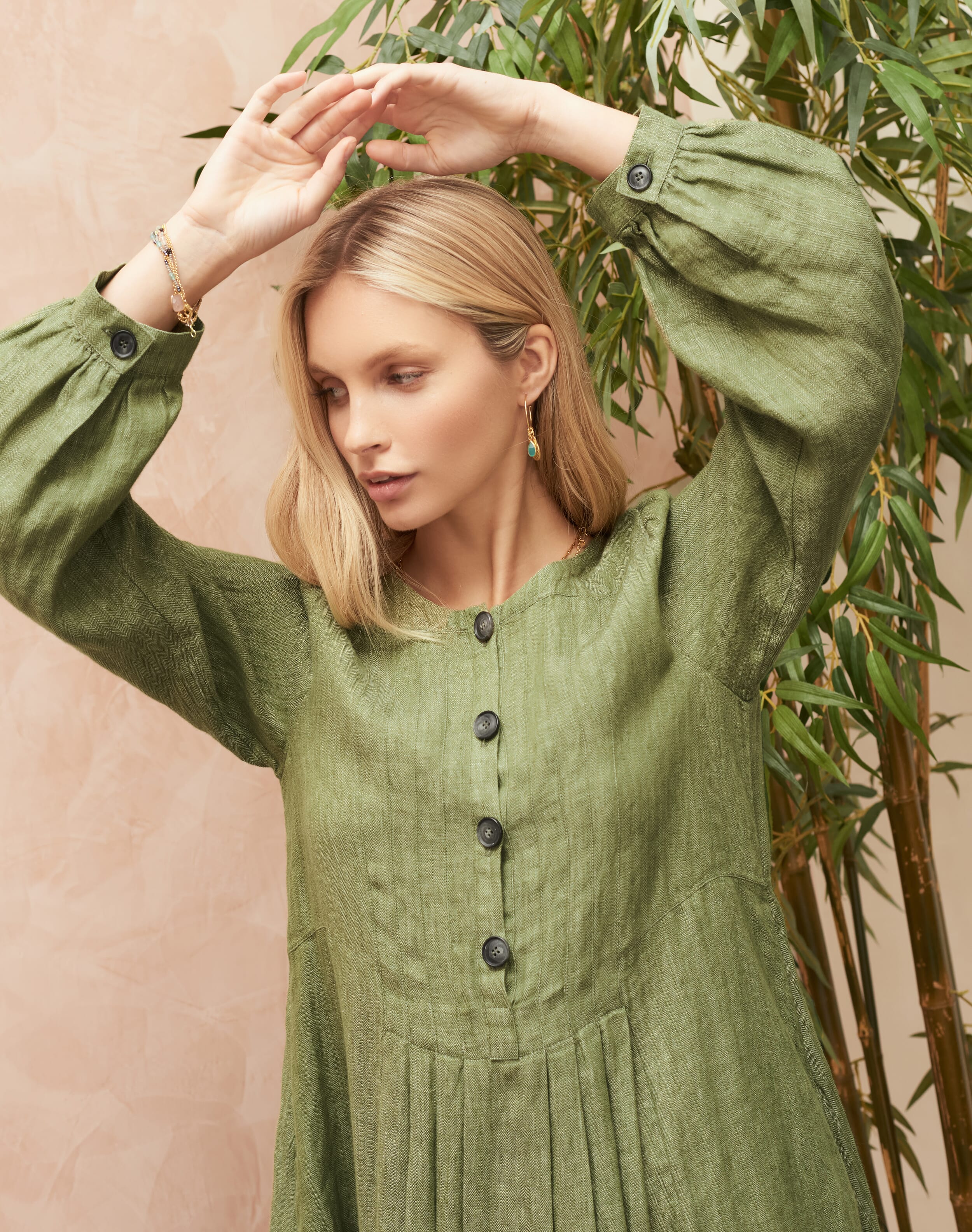 Herringbone Weave Linen Dress in Olive Womenswear Brora
