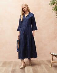 Broderie Anglaise Cotton Dress In French Navy Brora