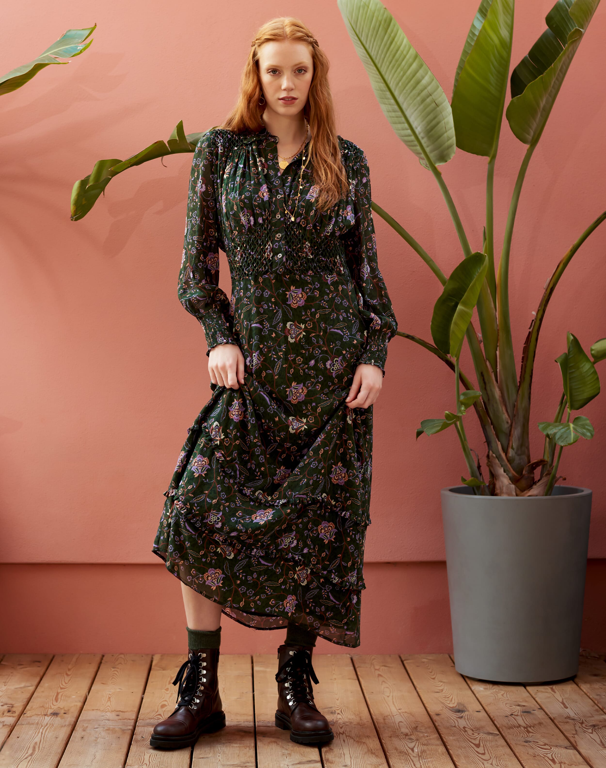 Khaki Silk Tree Of Life Print Maxi Dress Womenswear Brora