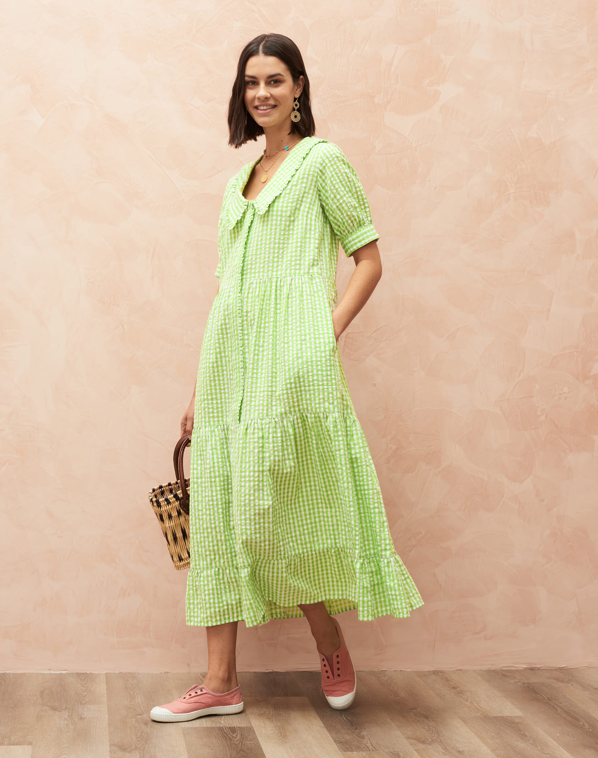 Cotton Gingham Chelsea Collar Dress Lime green