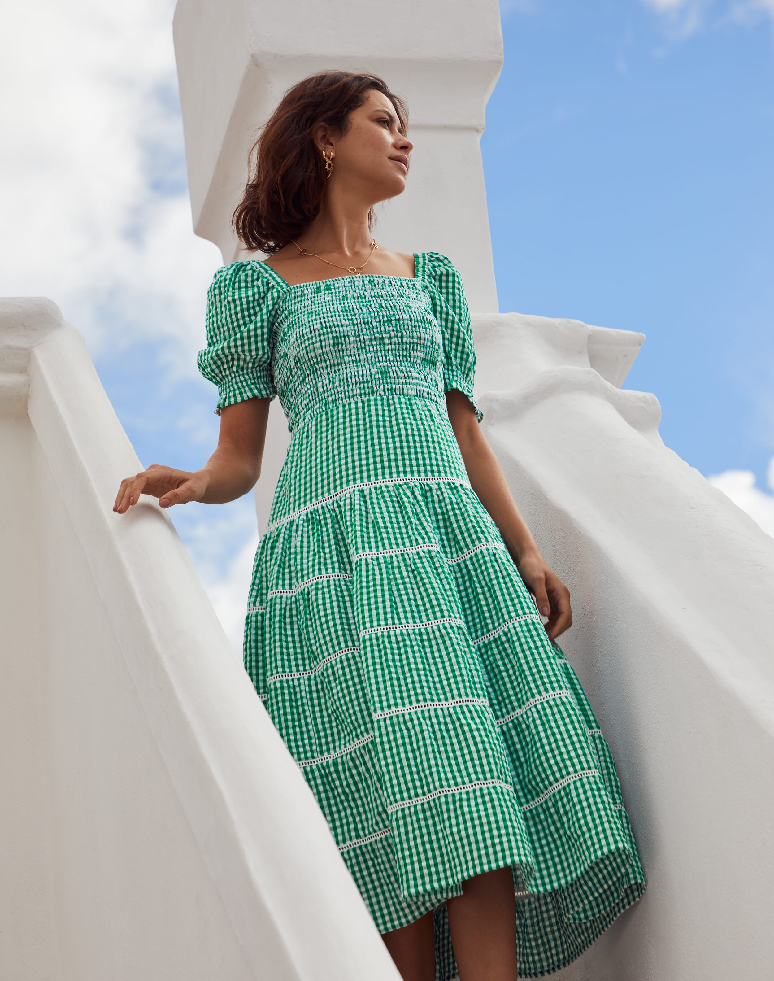 Cotton Gingham Smocked Dress Emerald