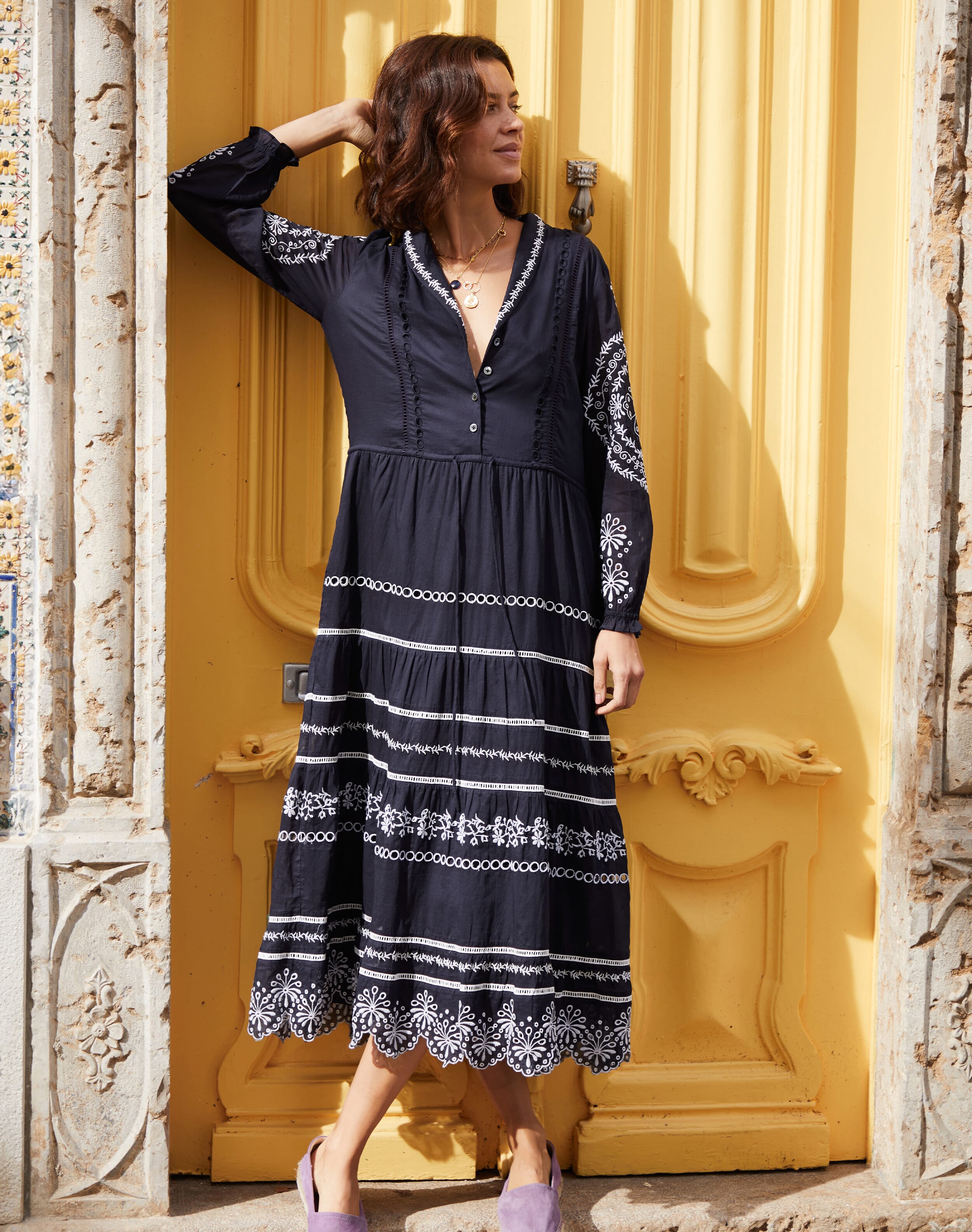 Cotton Embroidered Dress Navy