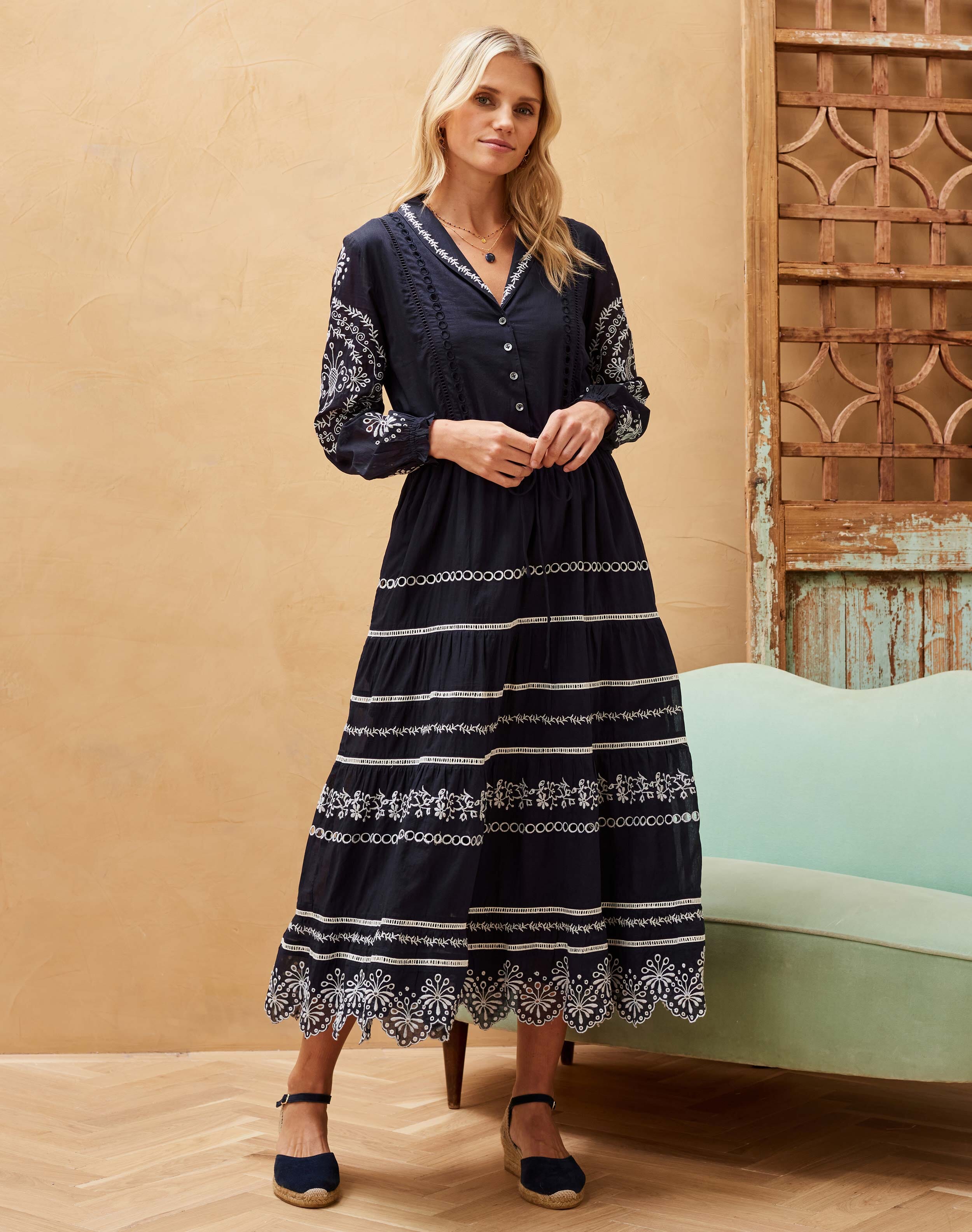 Navy Cotton Embroidered Dress | Women's Dresses | Brora Fashion