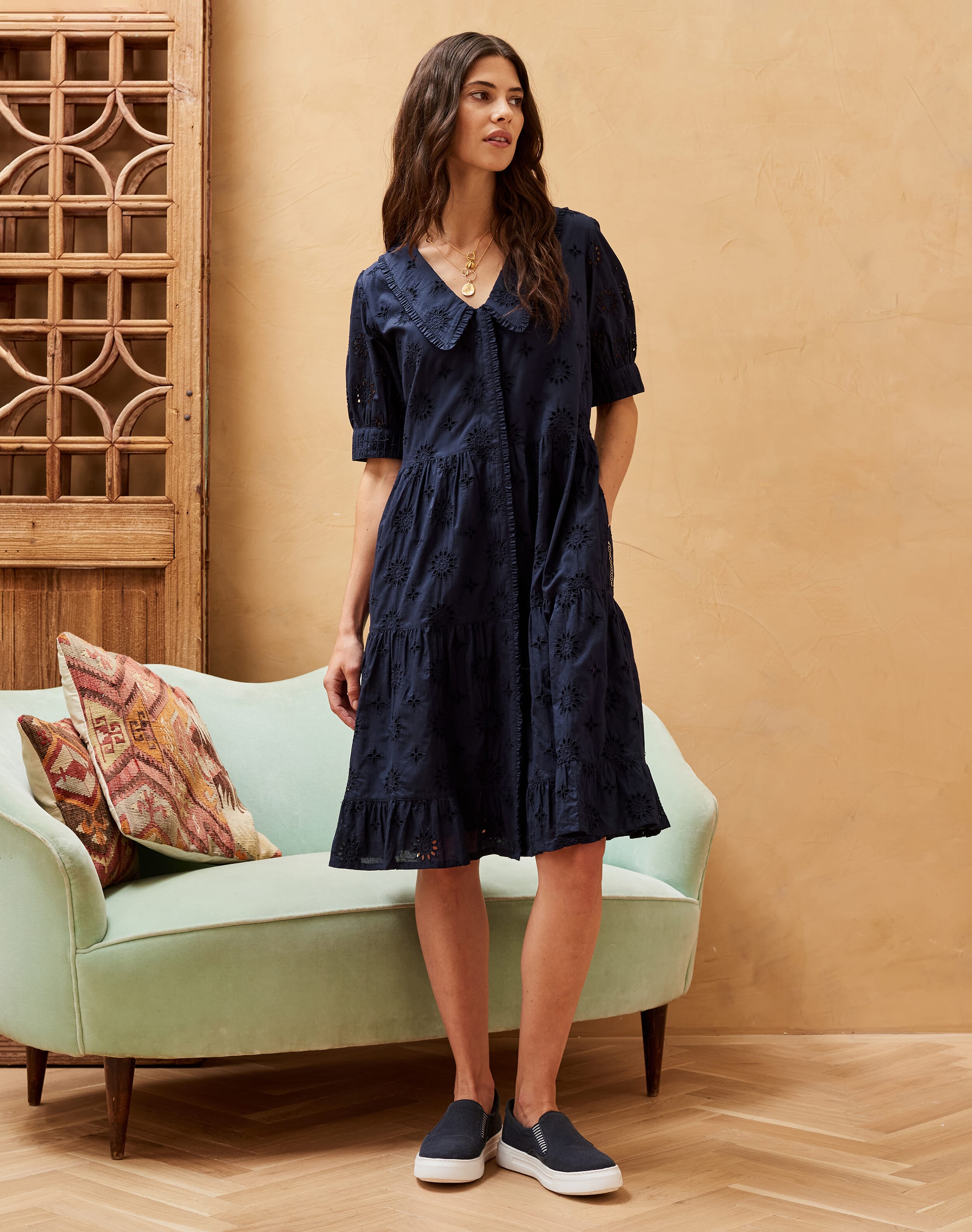 Navy Broderie Anglaise Dress | Women's Dresses | Brora Fashion