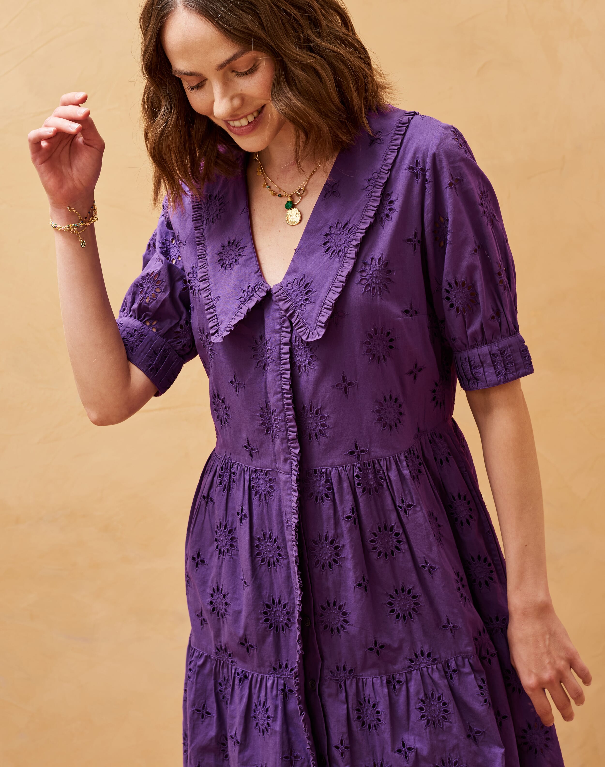 Cotton Broderie Anglaise Tiered Dress Violet
