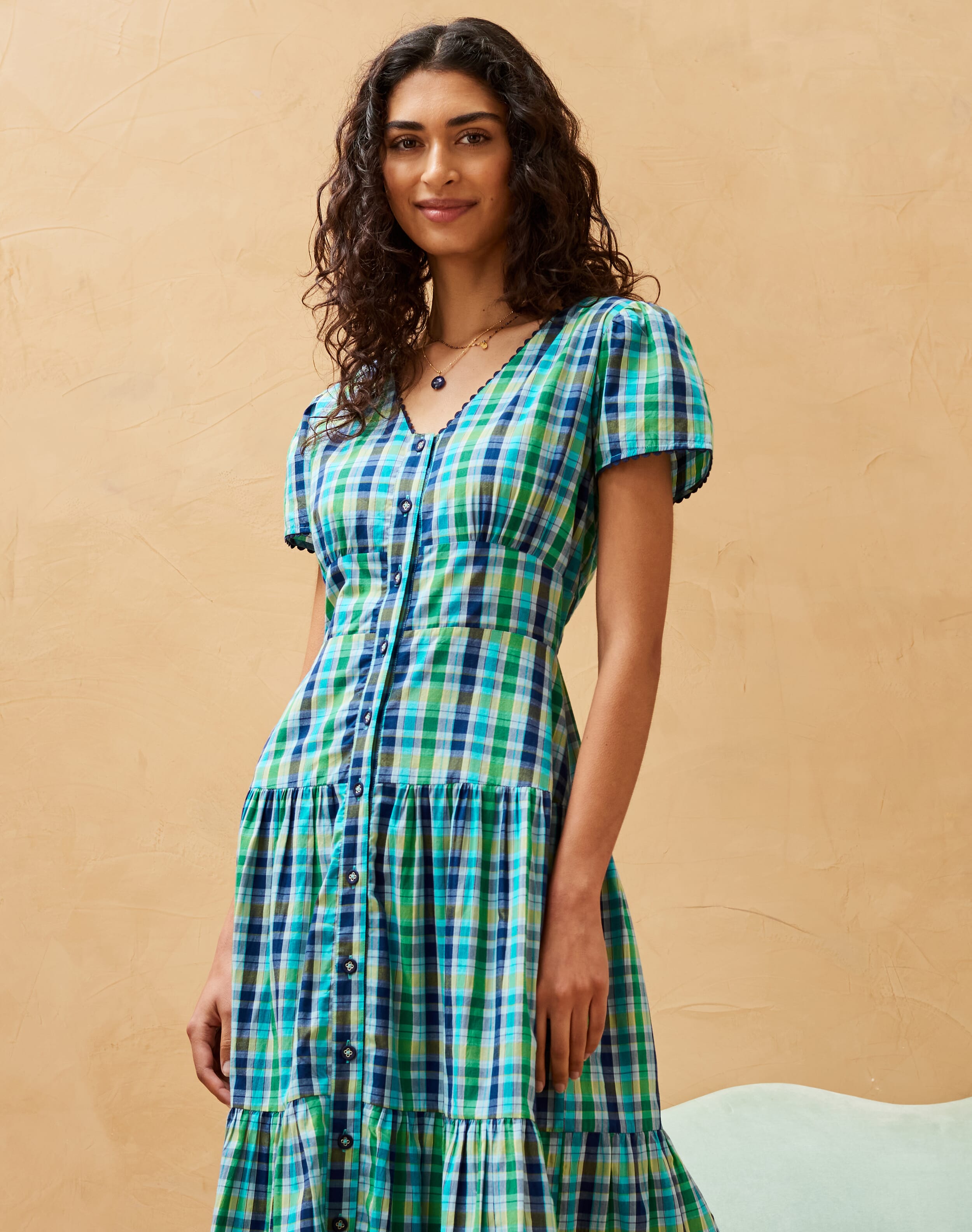Green & Navy Check Tiered Dress | Women's Dresses | Brora