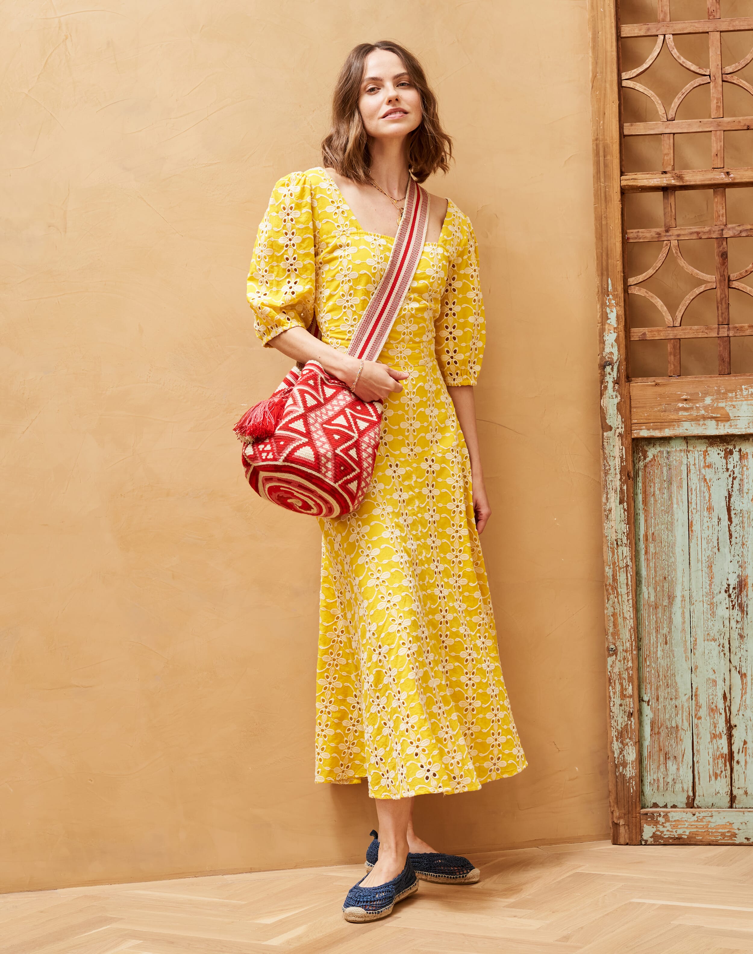 Cotton Two Tone Embroidered Dress Mimosa & white