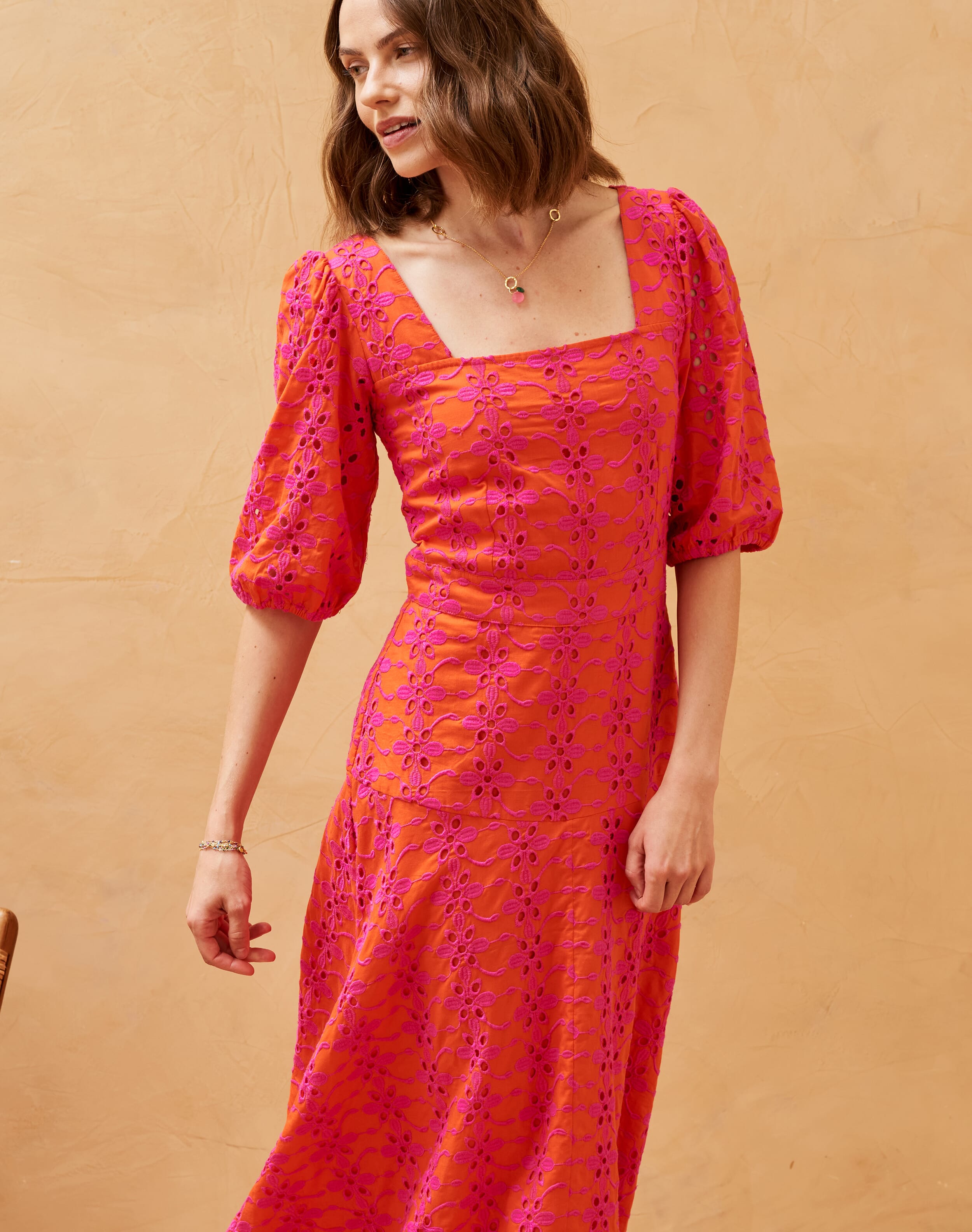 Cotton Two Tone Embroidered Dress Fuchsia & flame