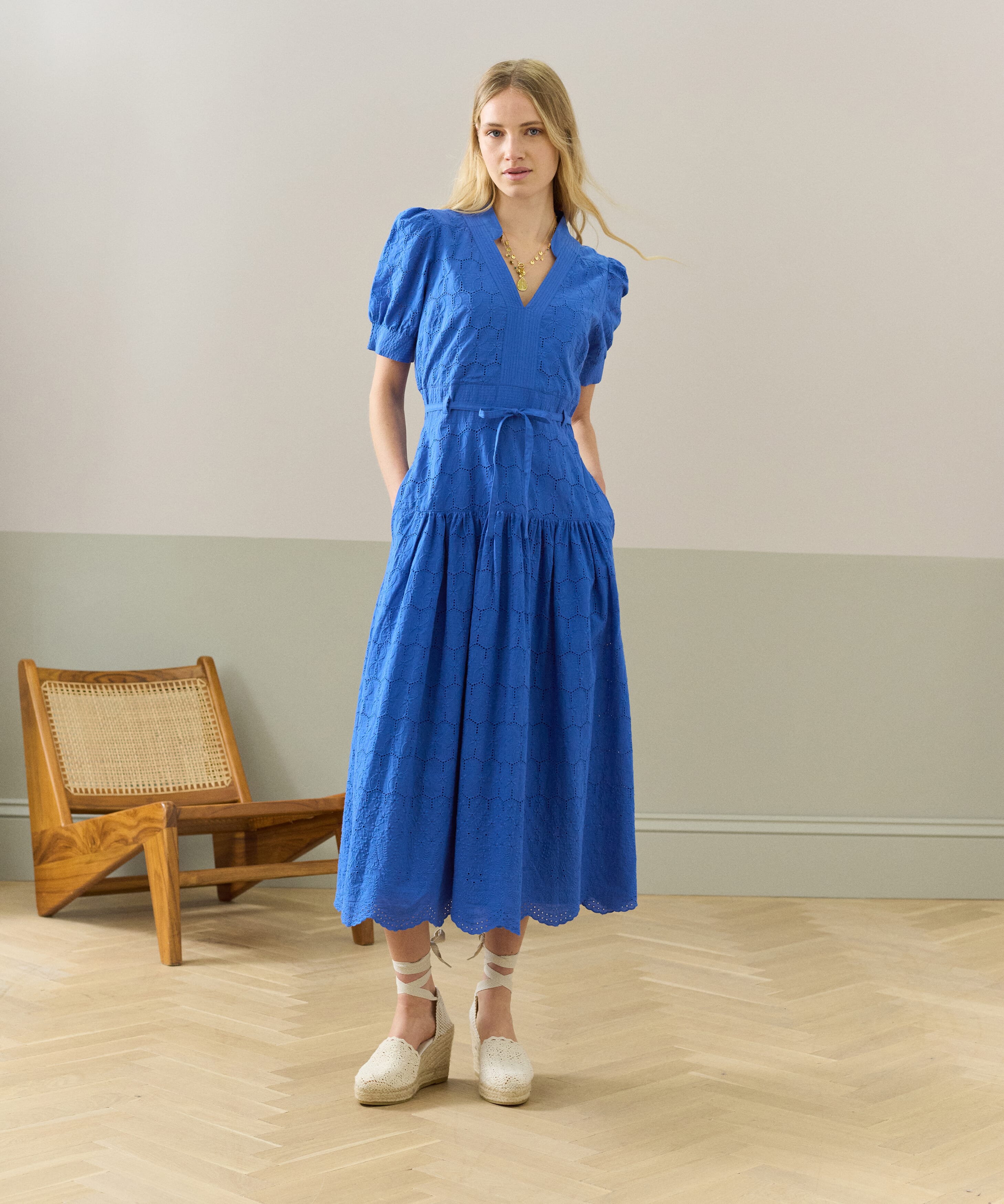Cotton Broderie Anglaise Dress in Cobalt | Womenswear | Brora