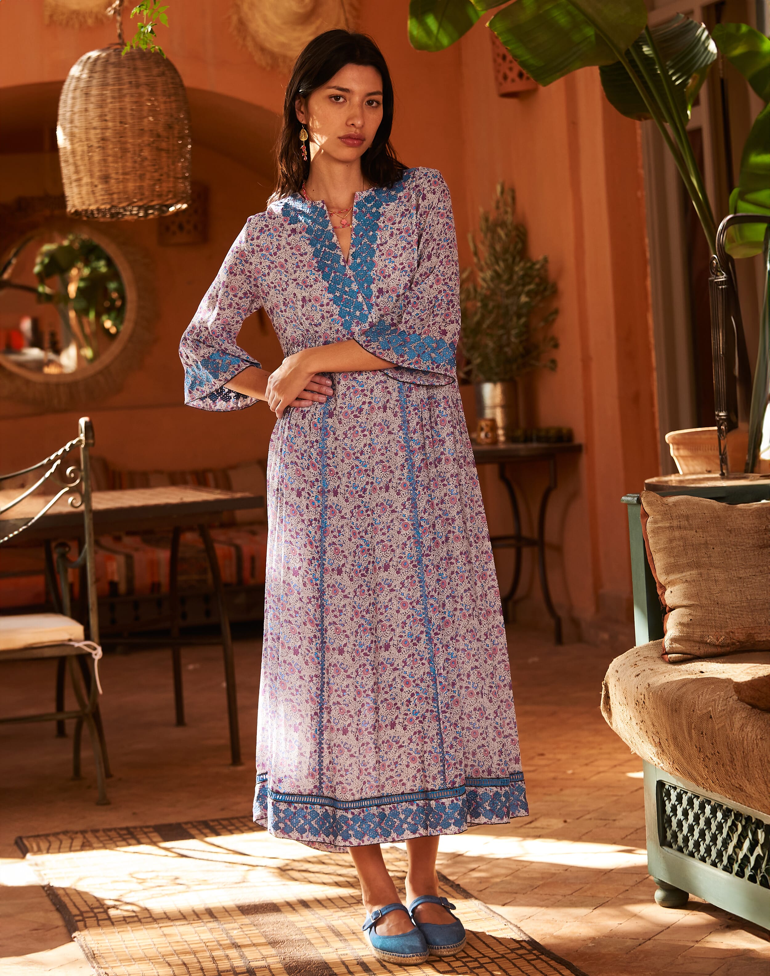 Brora Silk Embroidered Pintuck Dress Lavender & rose