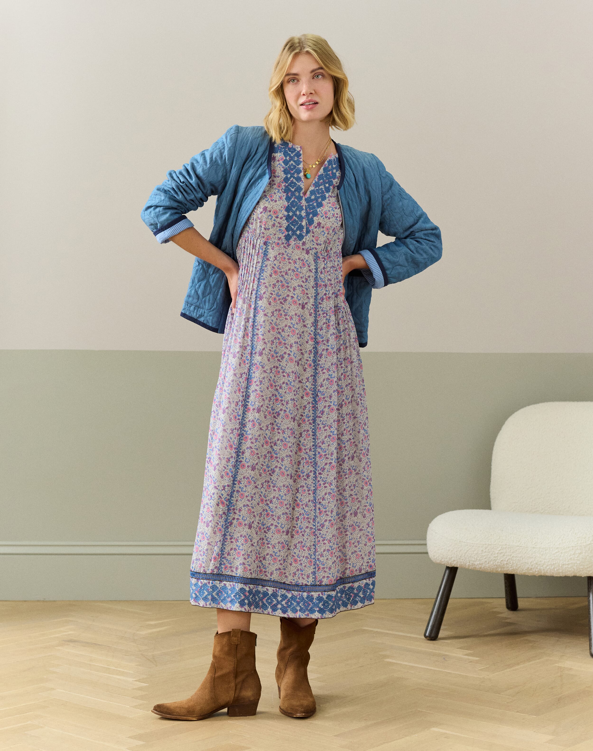 Silk Embroidered Pintuck Dress in Lavender | Women's | Brora