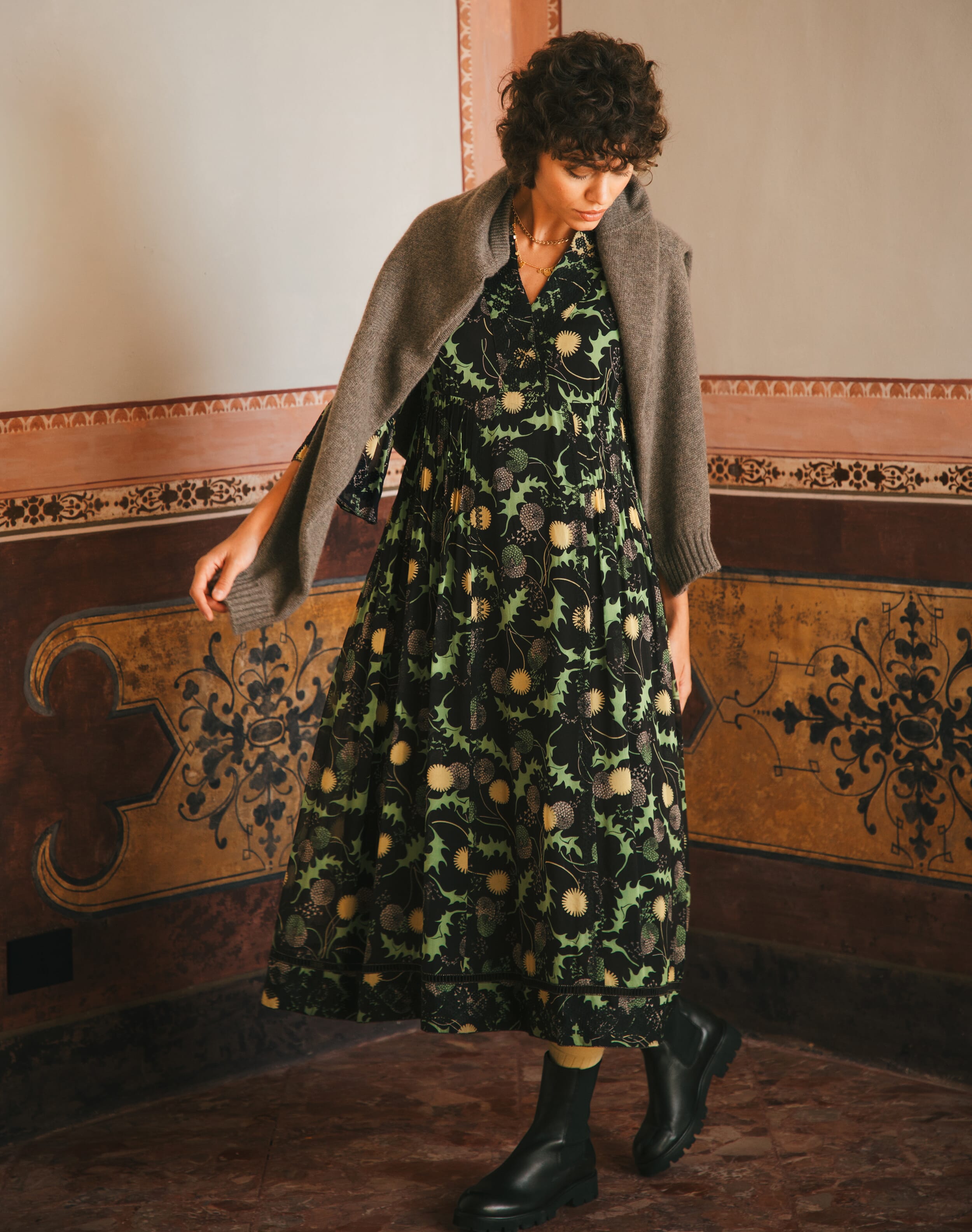 Brora Silk Embroidered Pintuck Dress Black & primrose  - Size: 10