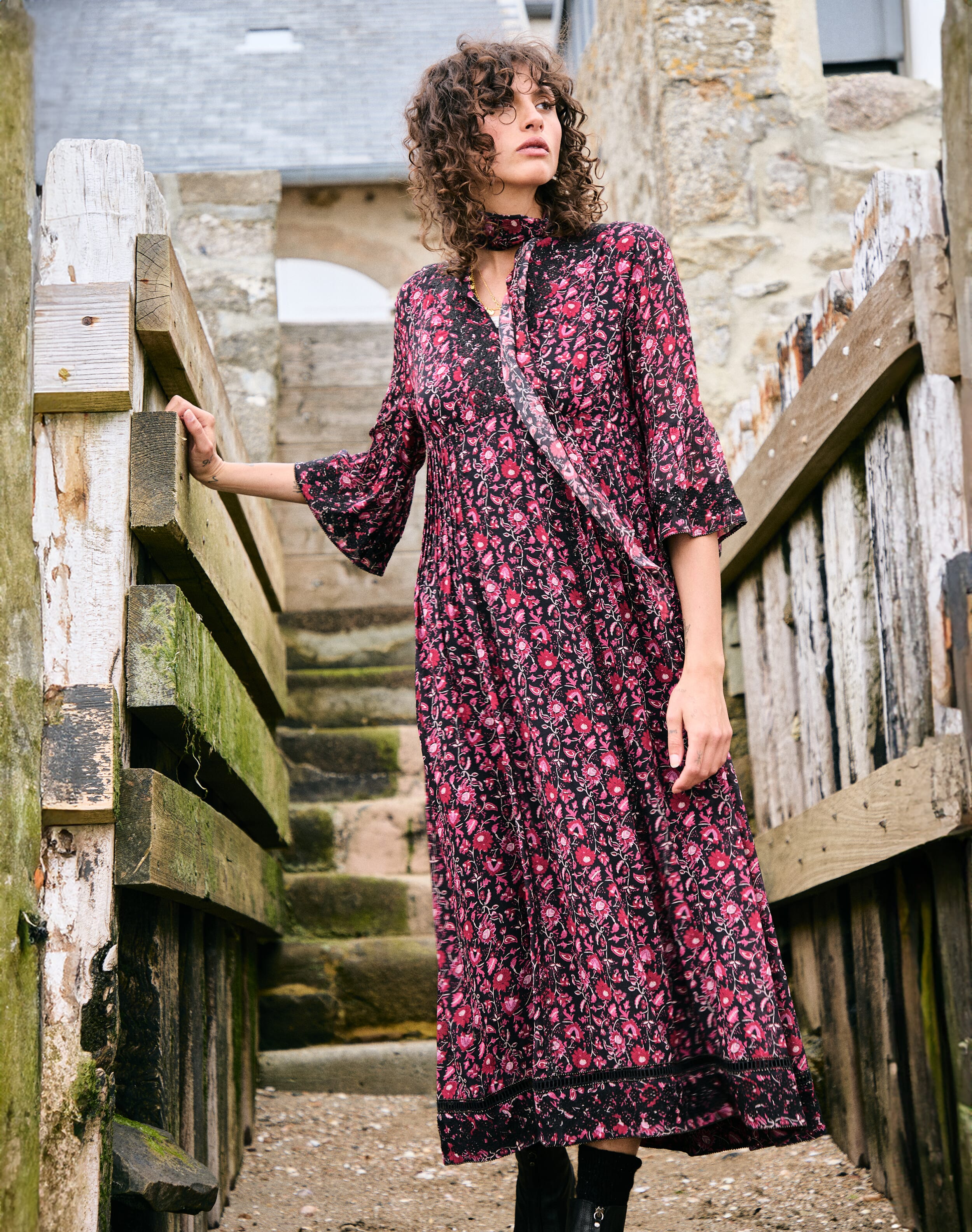 Brora Silk Embroidered Pintuck Dress & raspberry