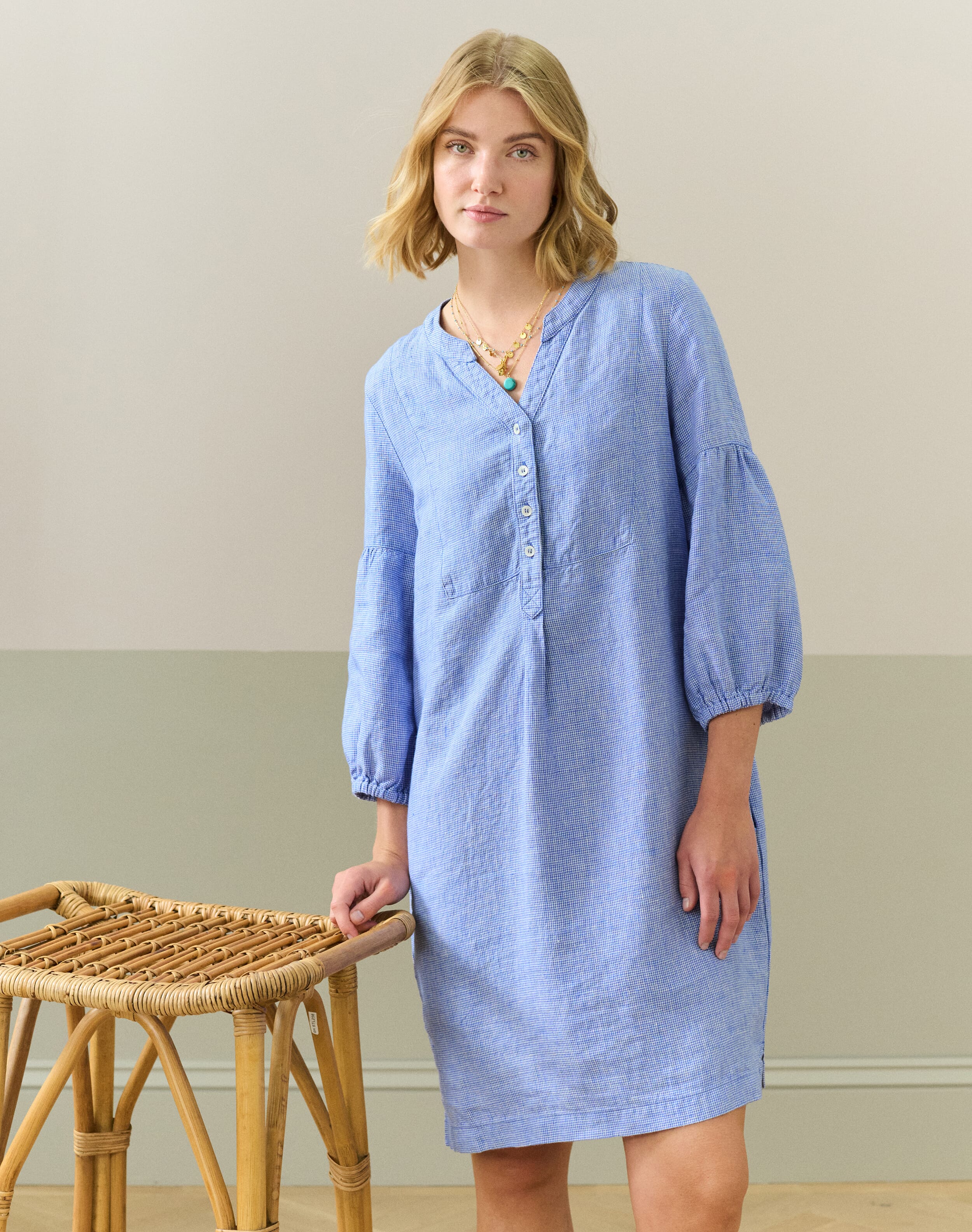 Brora Fine Houndstooth Linen Tunic Dress Cobalt