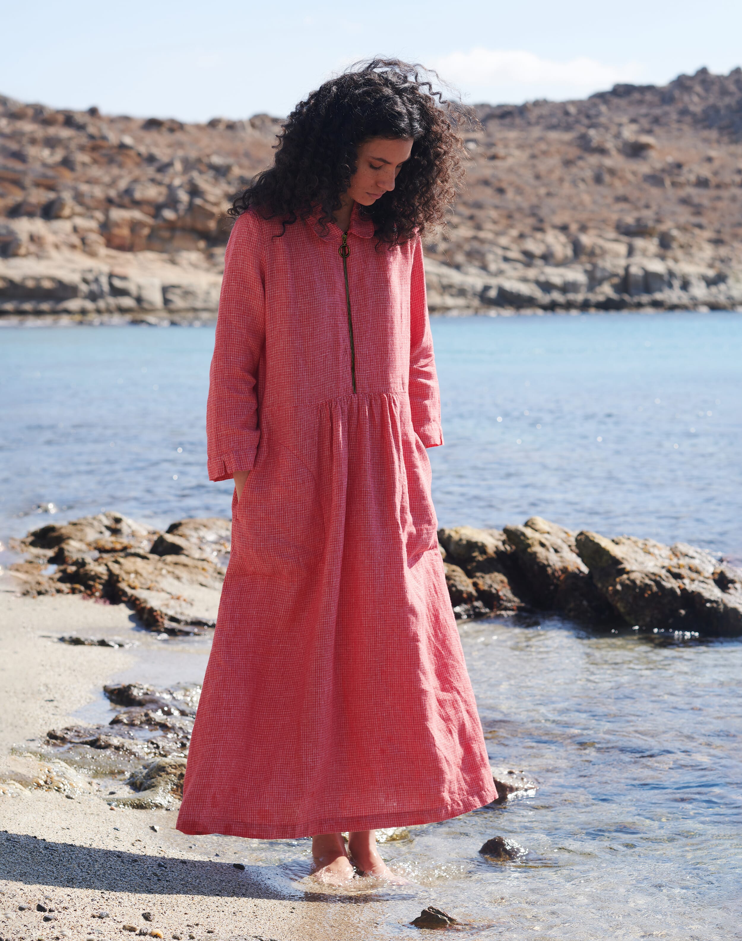 Brora Graphic Check Linen Zip Dress Crimson