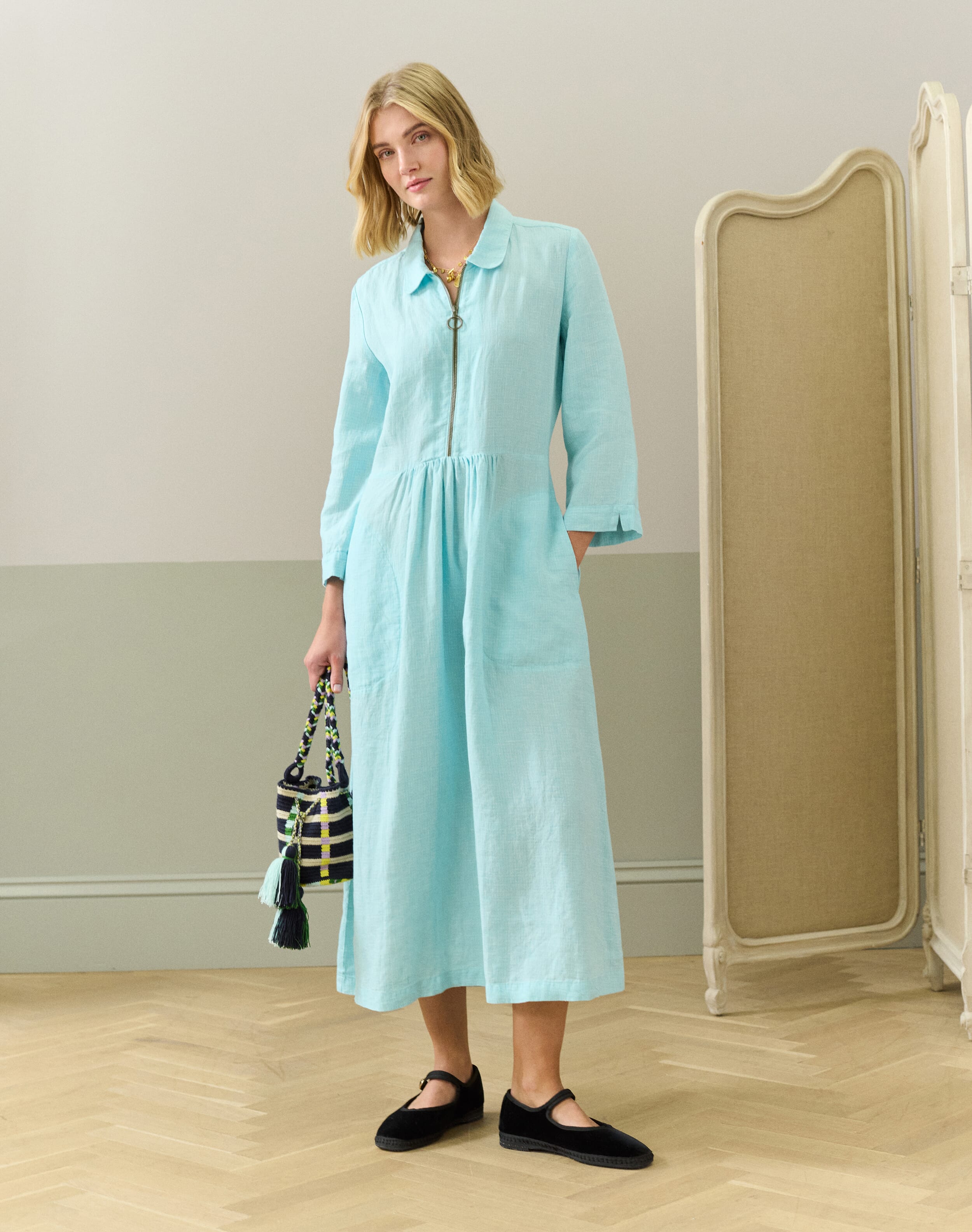 Brora Graphic Check Linen Zip Dress Aqua