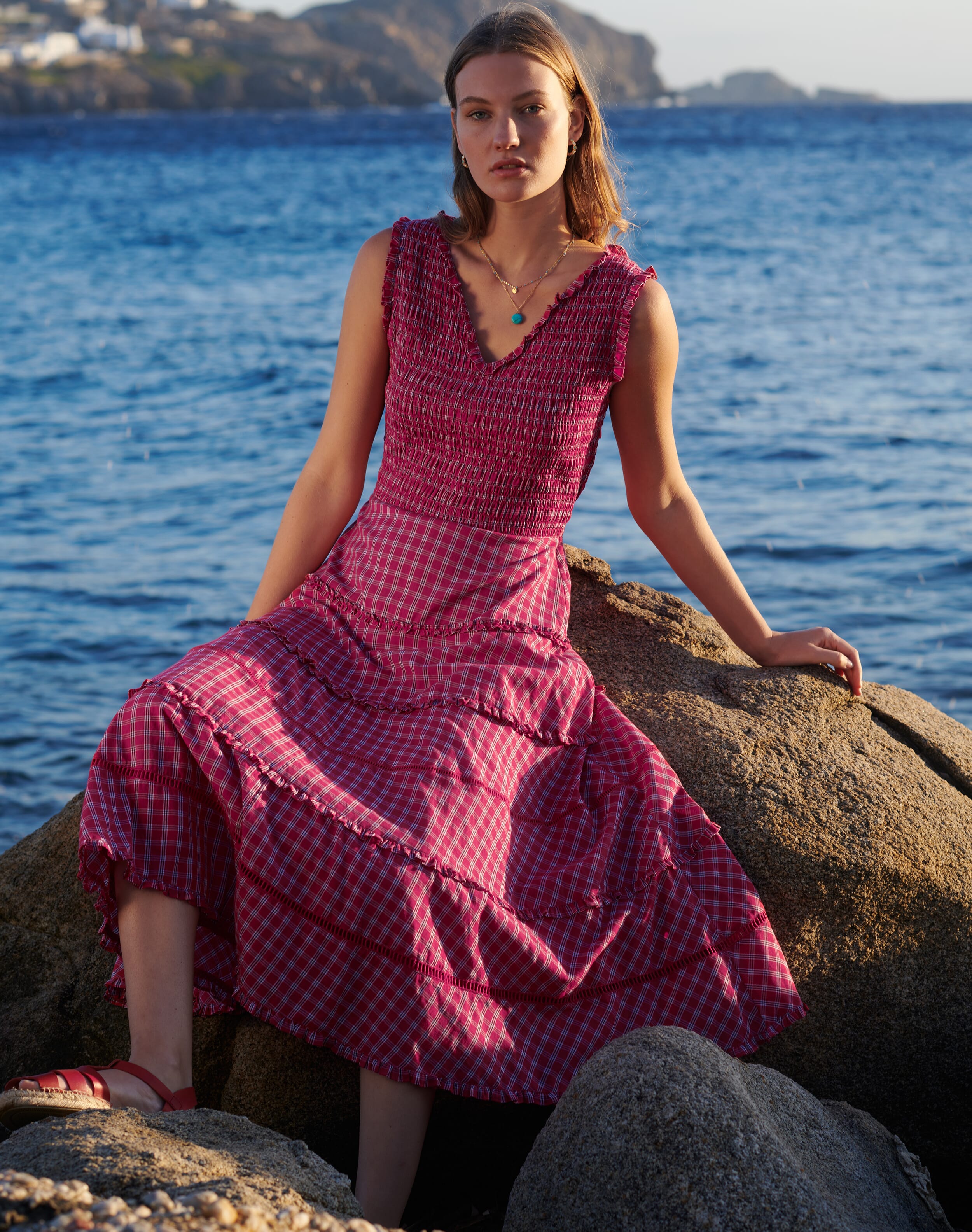 Brora Cotton Check Shirred Sundress Raspberry