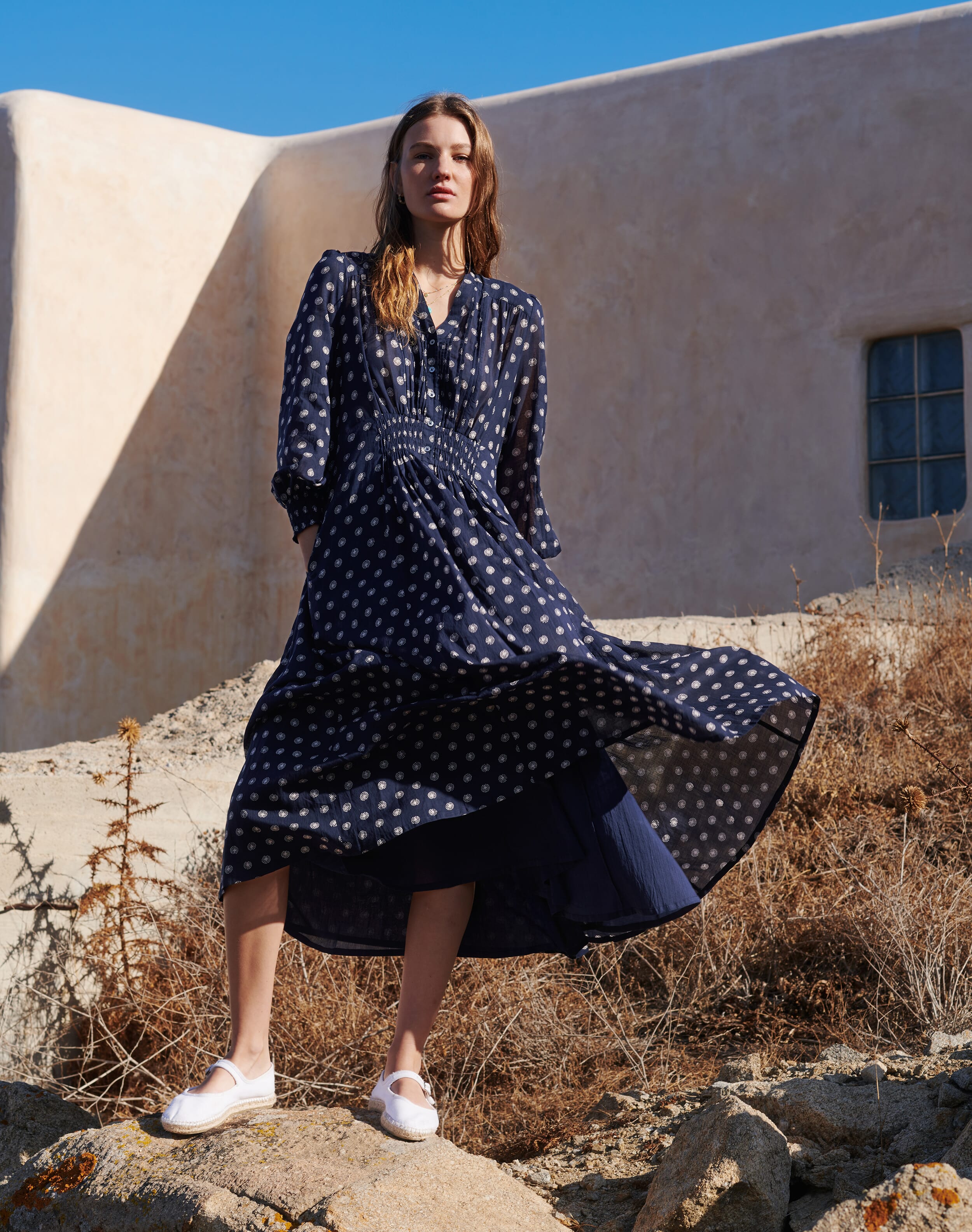 Brora Organic Cotton Pintuck Dress & ecru