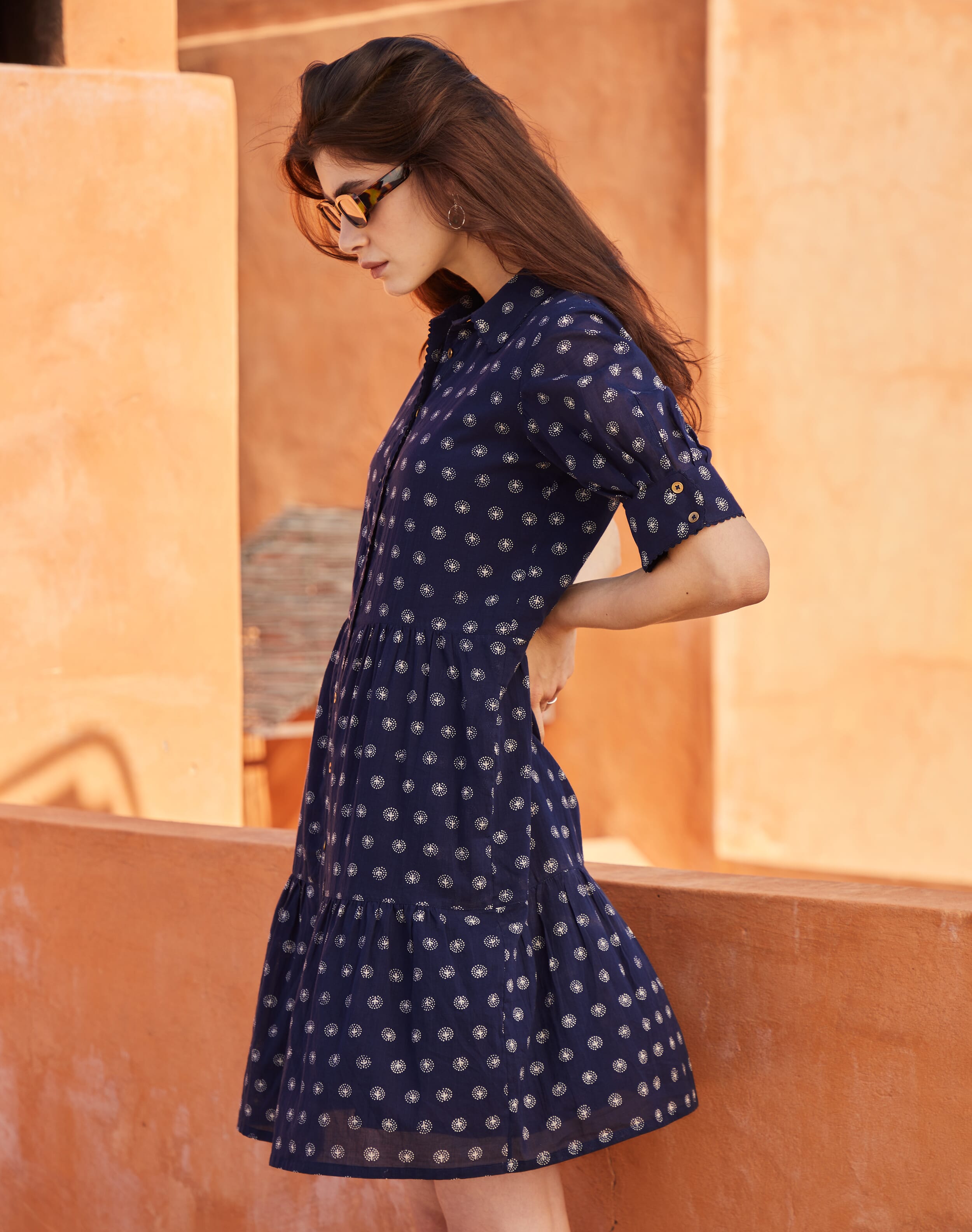 Brora Organic Cotton Tiered Dress Navy & ecru