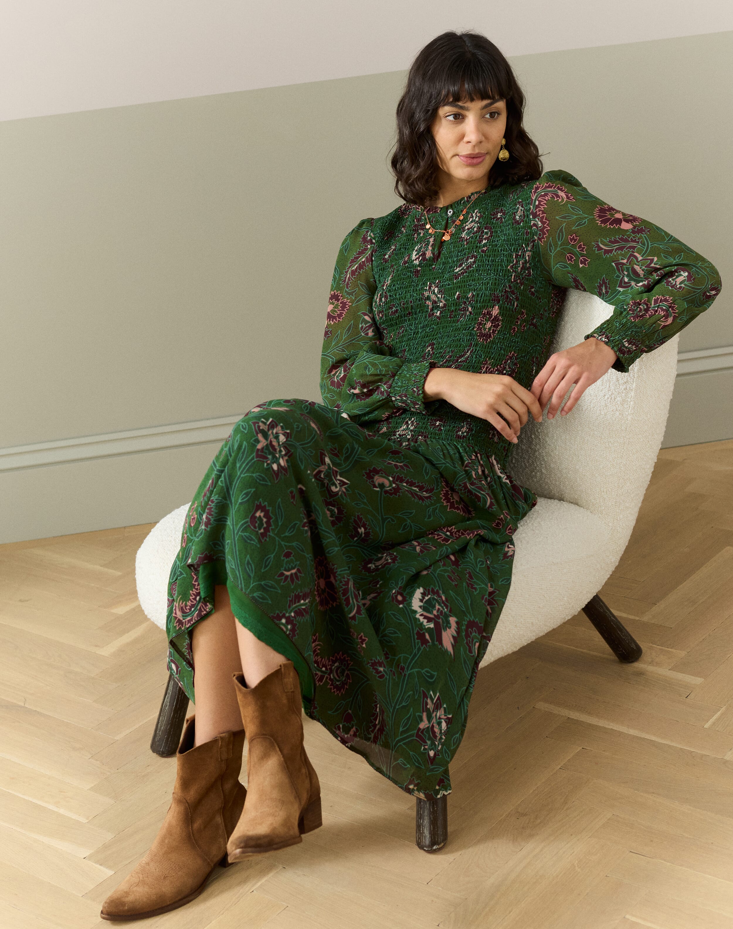 Brora Silk Botanical Print Shirred Dress Olive & malt  - Size: 6