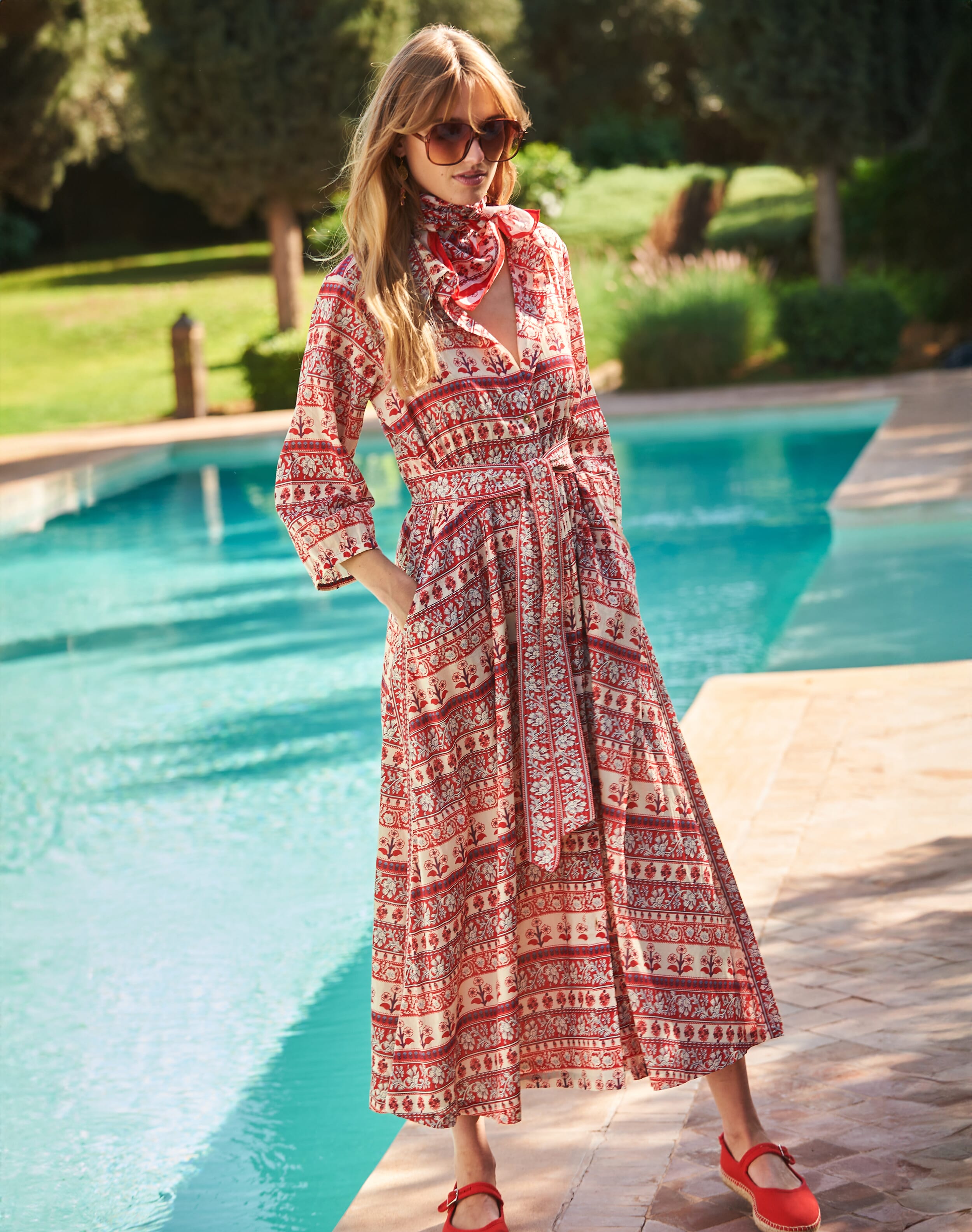 Brora Organic Cotton Folk Stripe Shirt Dress Cherry