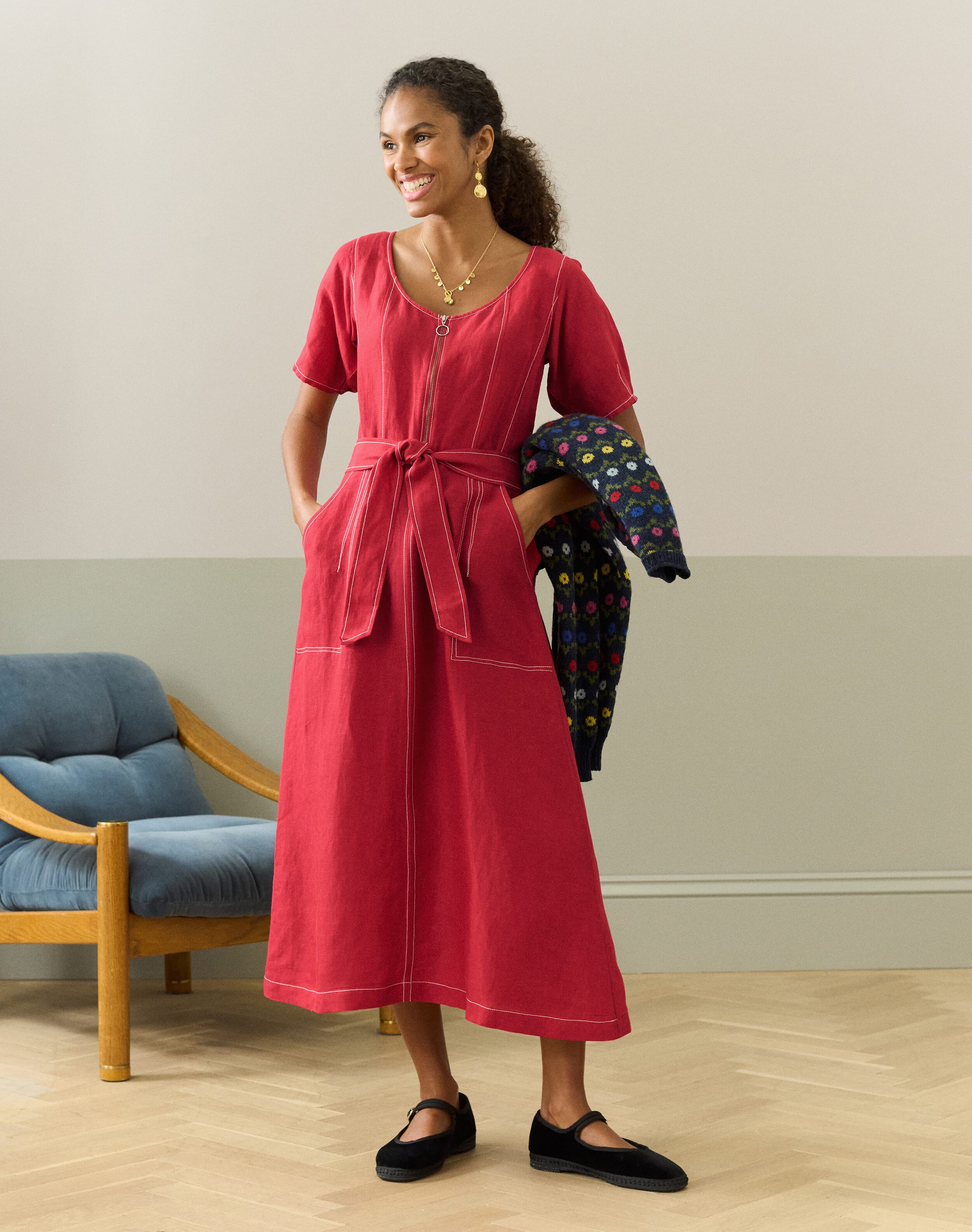Top Stitch Utility Shirt Dress in Cherry | Womenswear | Brora