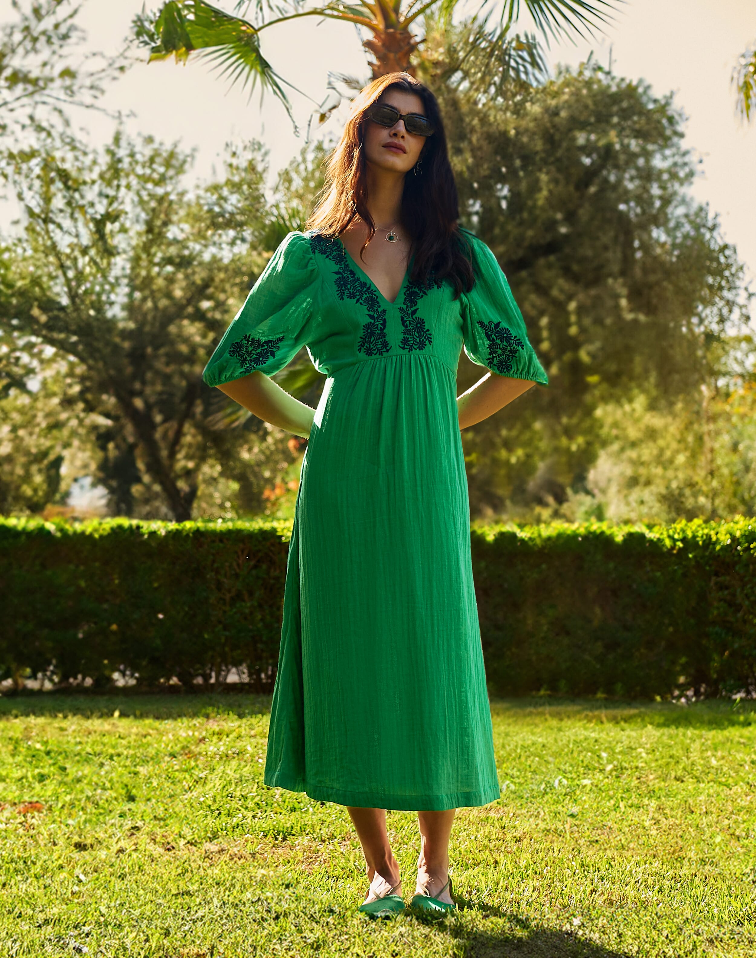 Brora Cheesecloth Embroidered Dress Grass