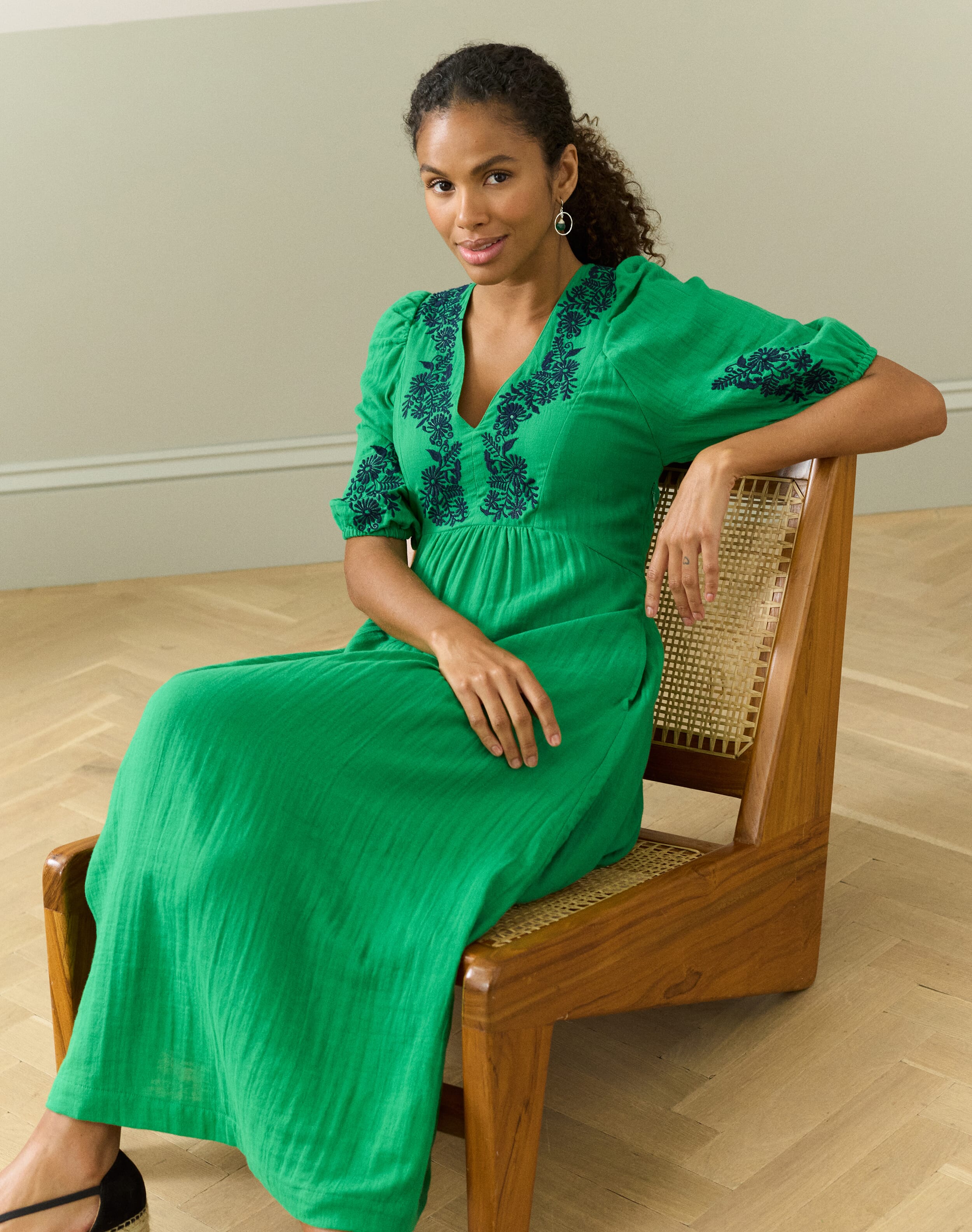Cheesecloth Embroidered Dress in Grass | Women's | Brora Clearance