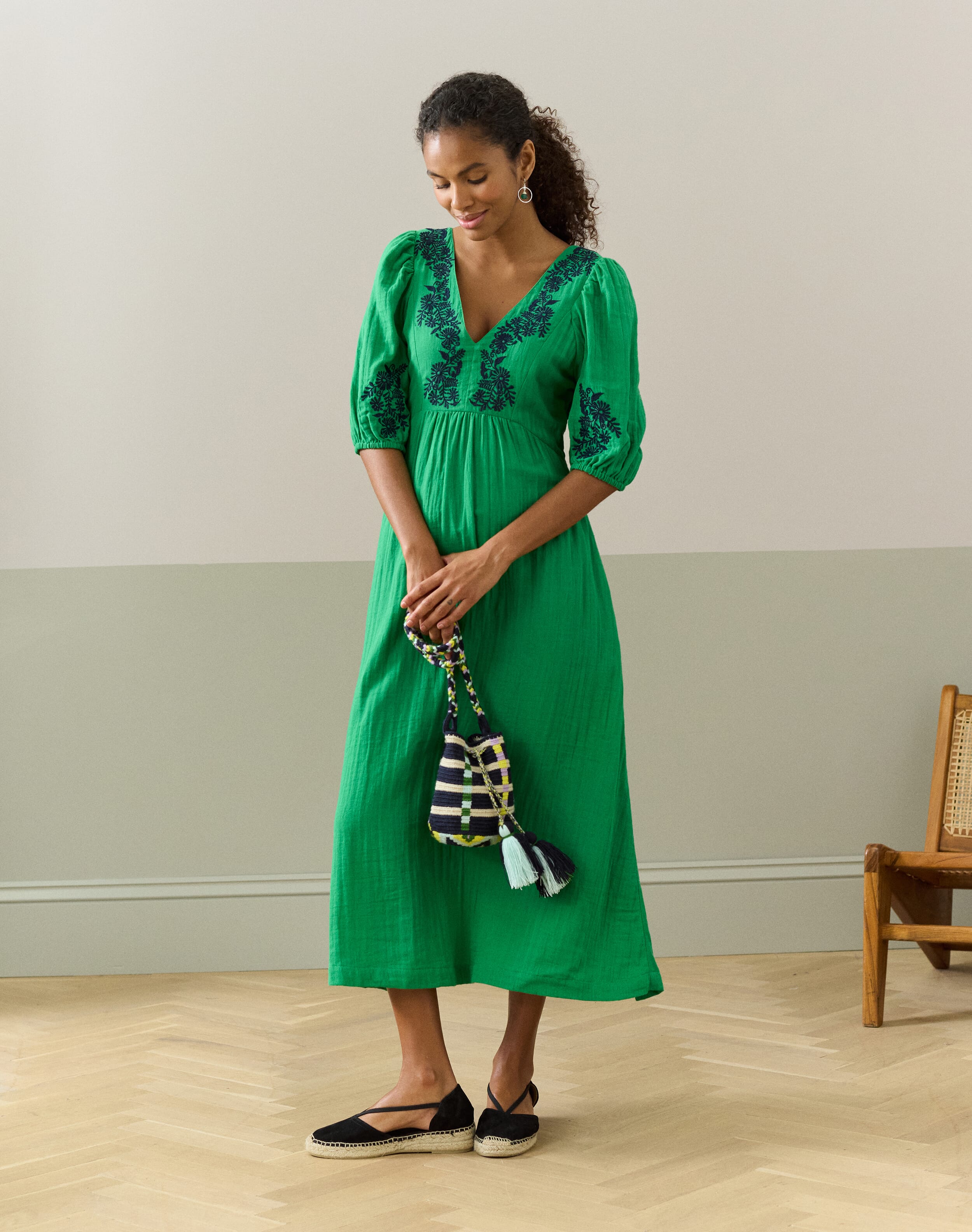 Cheesecloth Embroidered Dress in Grass | Women's | Brora Clearance