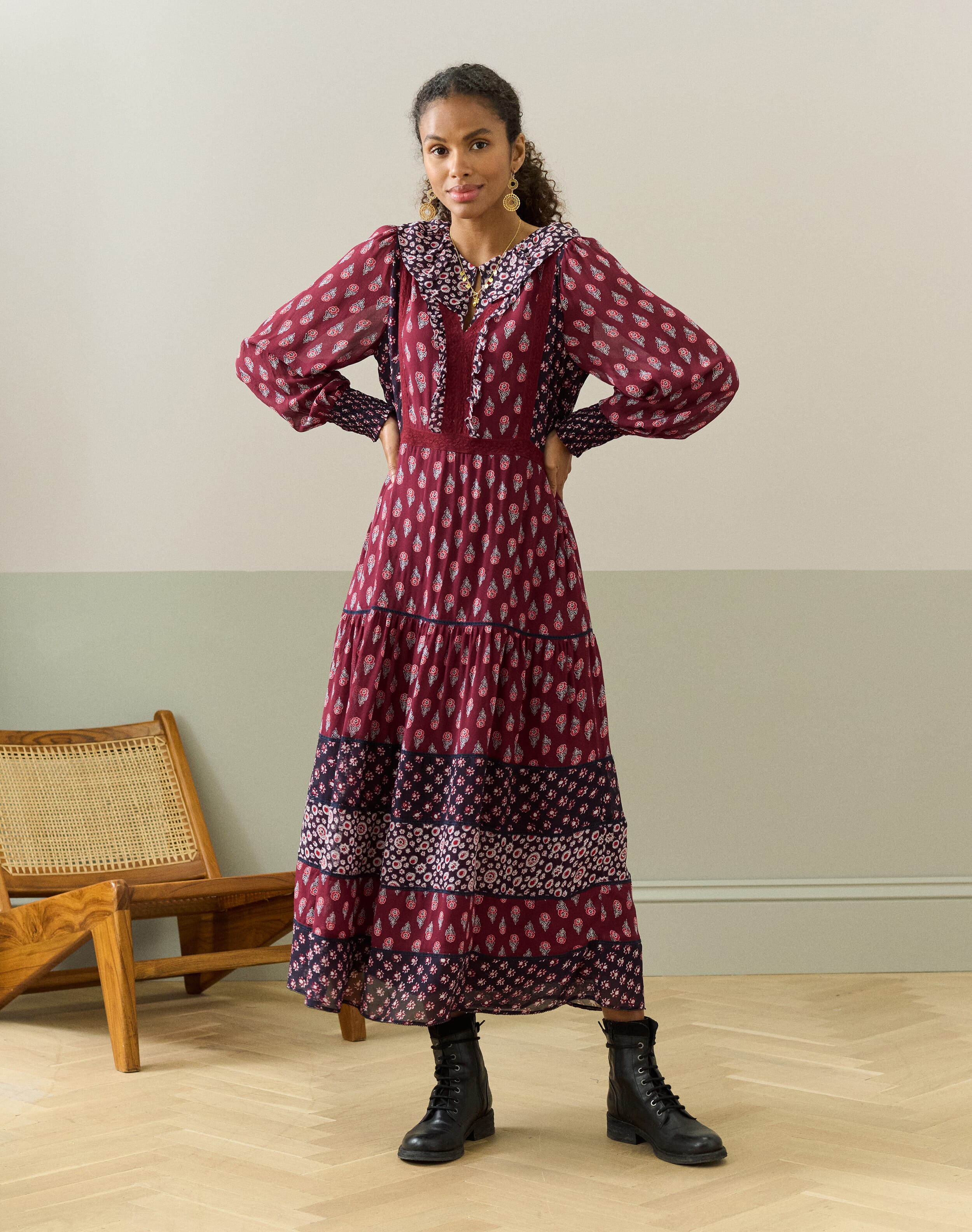 Brora Silk Patchwork Dress Black cherry  - Size: 8