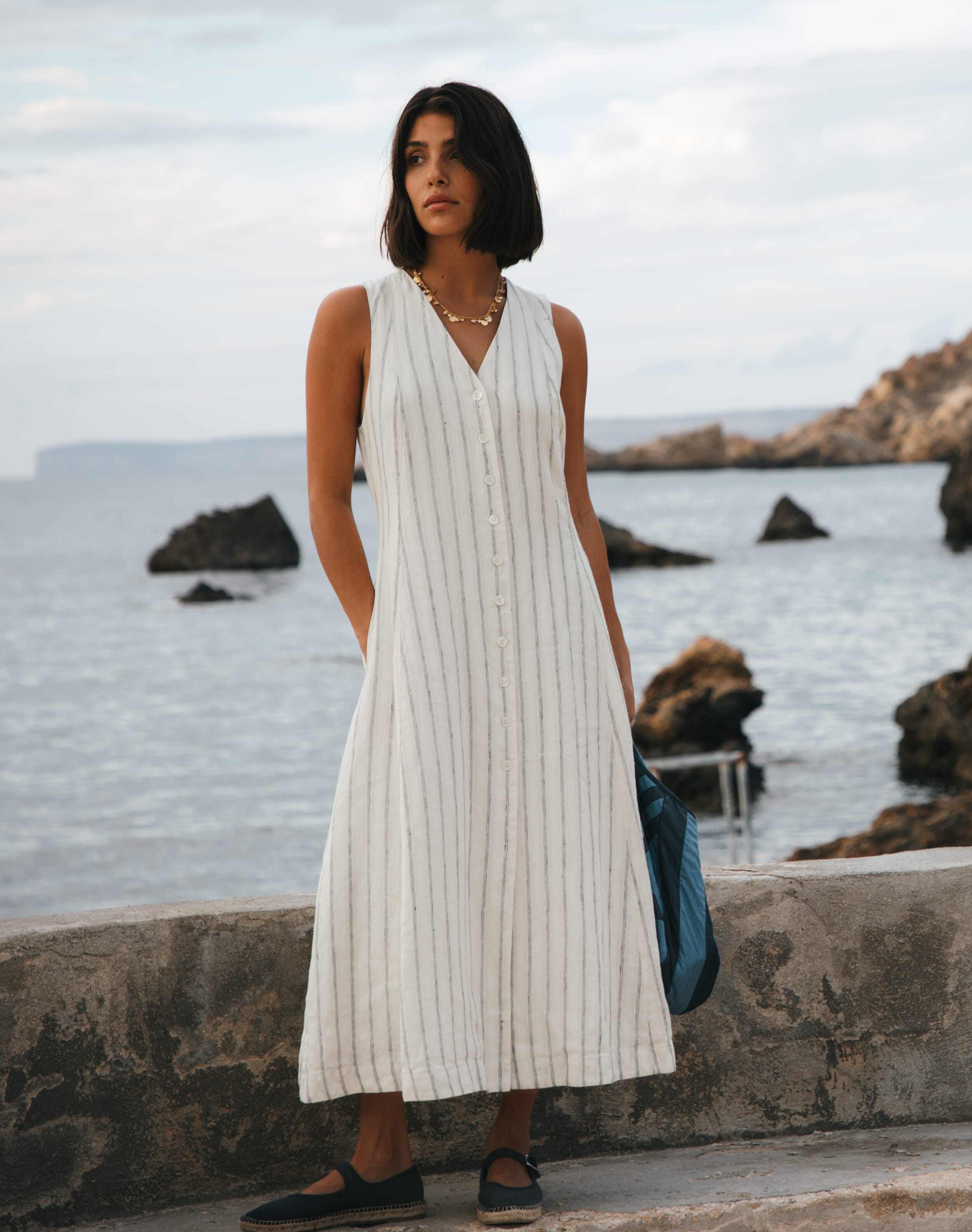 Brora Stripe Linen Pinafore Dress Ivory & navy  - Size: 10
