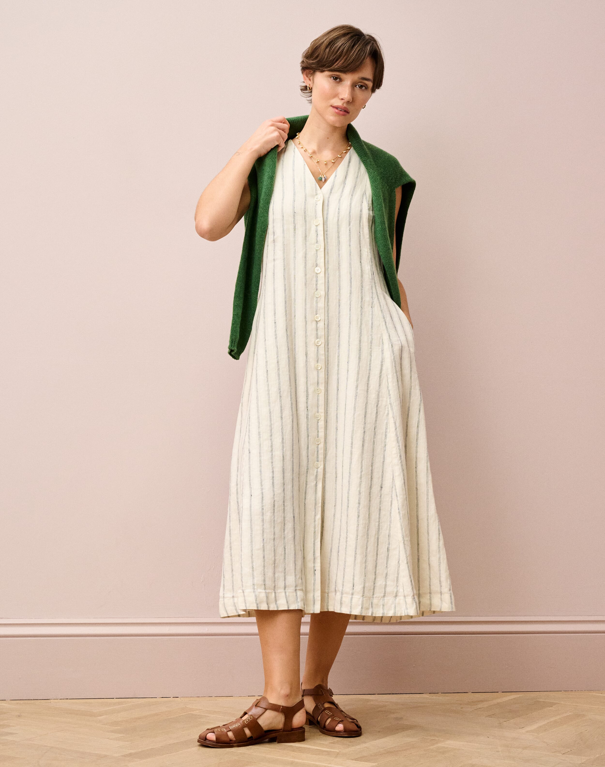 Stripe Linen Pinafore Dress in Ivory & Navy | Brora Womenswear Stripe Linen Pinafore Dress in Ivory & Navy | Brora Womenswear