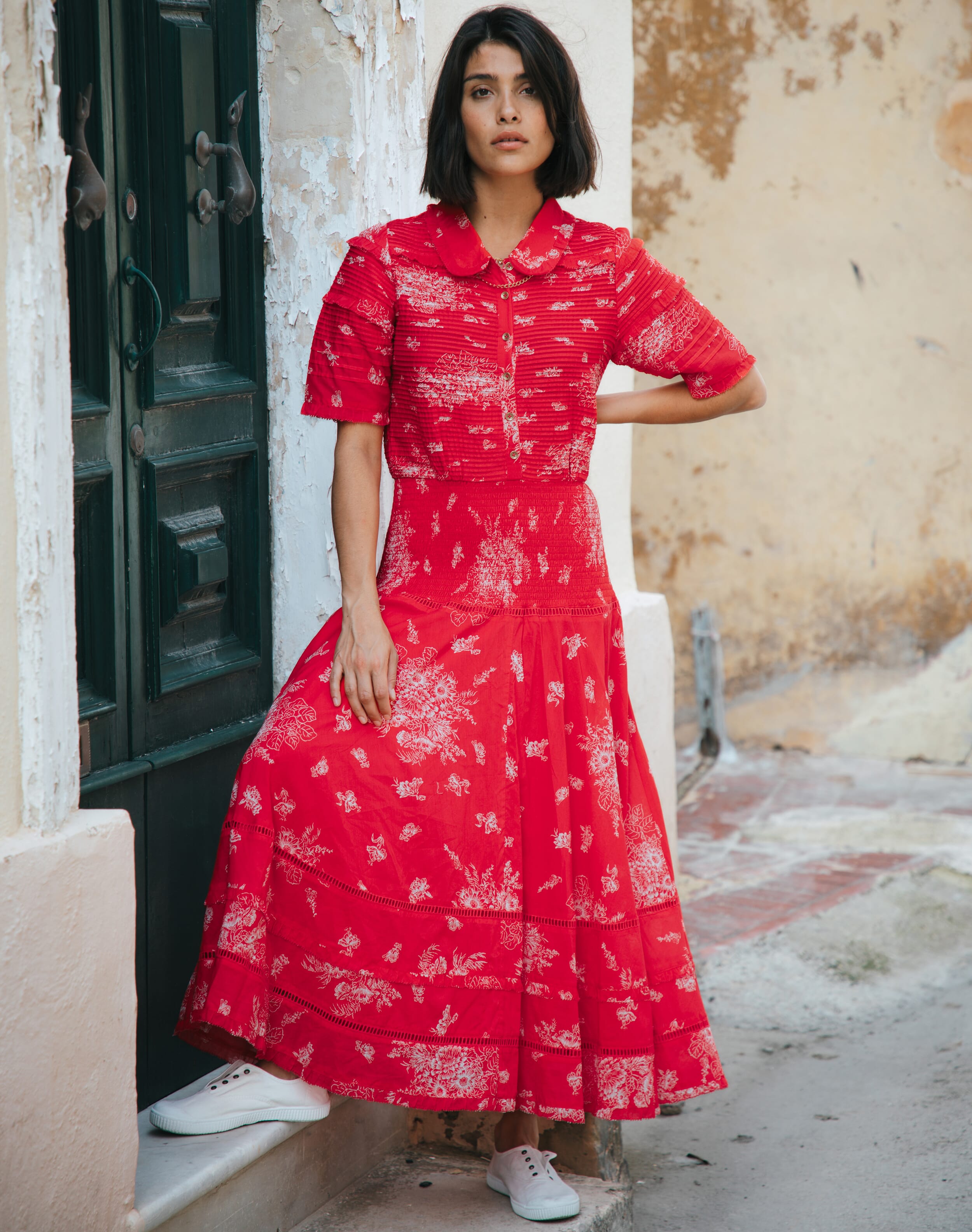 Brora Organic Cotton Pintuck Shirt Dress Poppy & white  - Size: 6