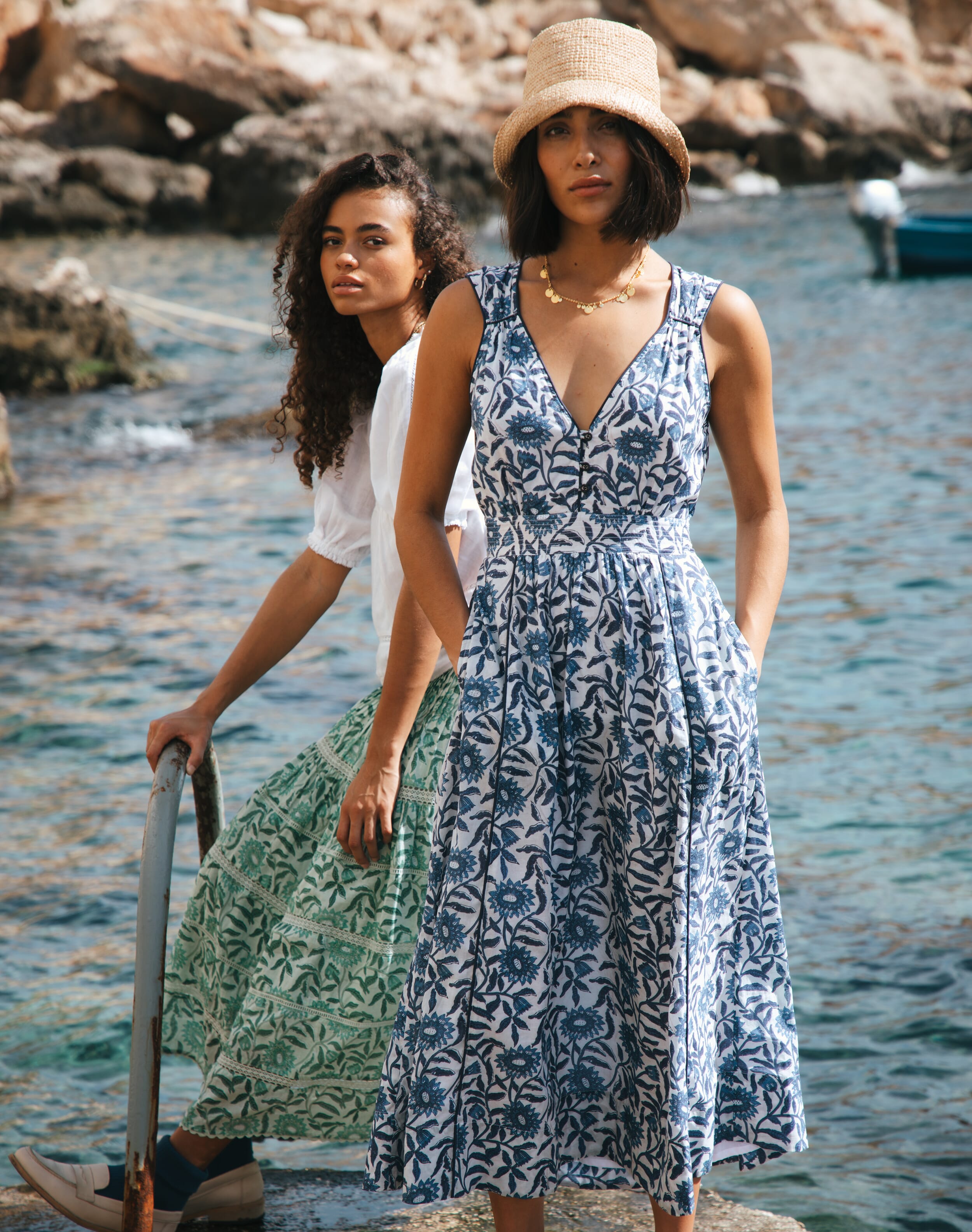 Brora Organic Cotton Block Print Sundress Indigo  - Size: 12