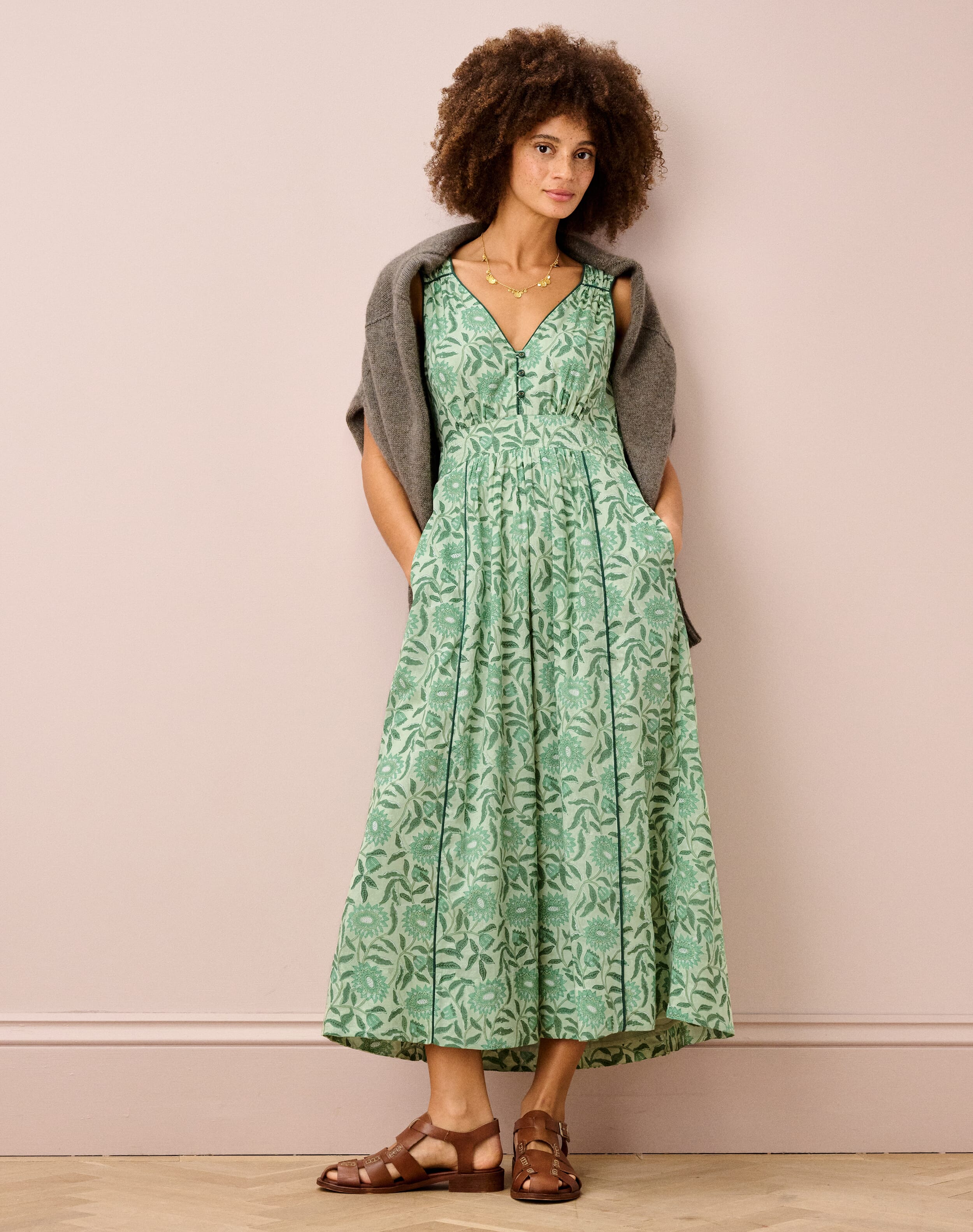 Brora Organic Cotton Block Print Sundress Pistachio  - Size: 12