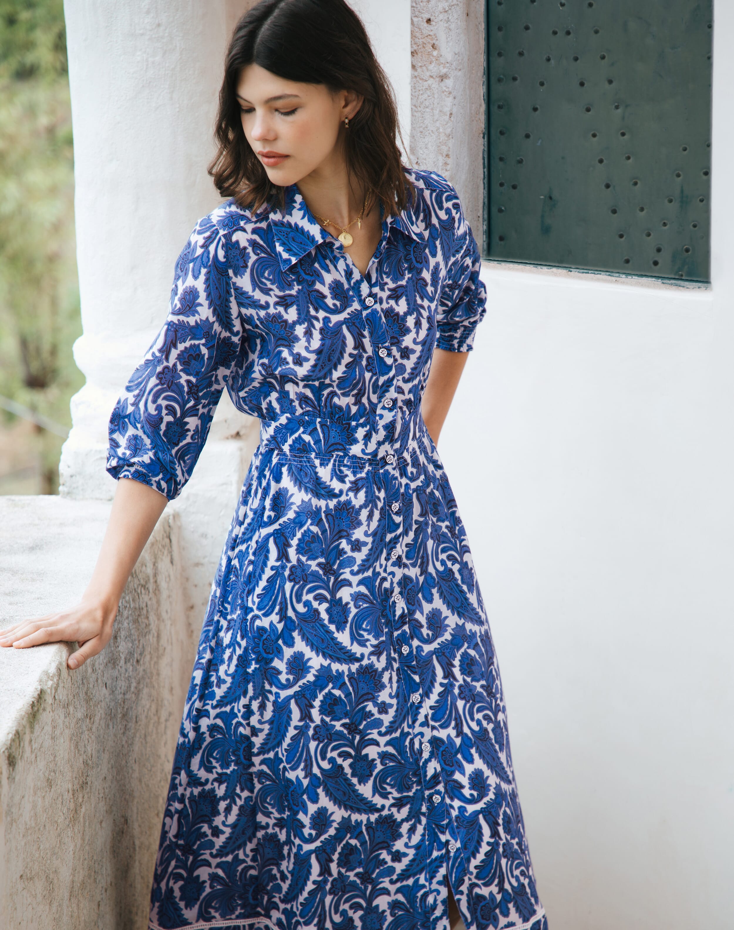 Brora Silk Cotton Paisley Print Shirt Dress Delft blue  - Size: 16