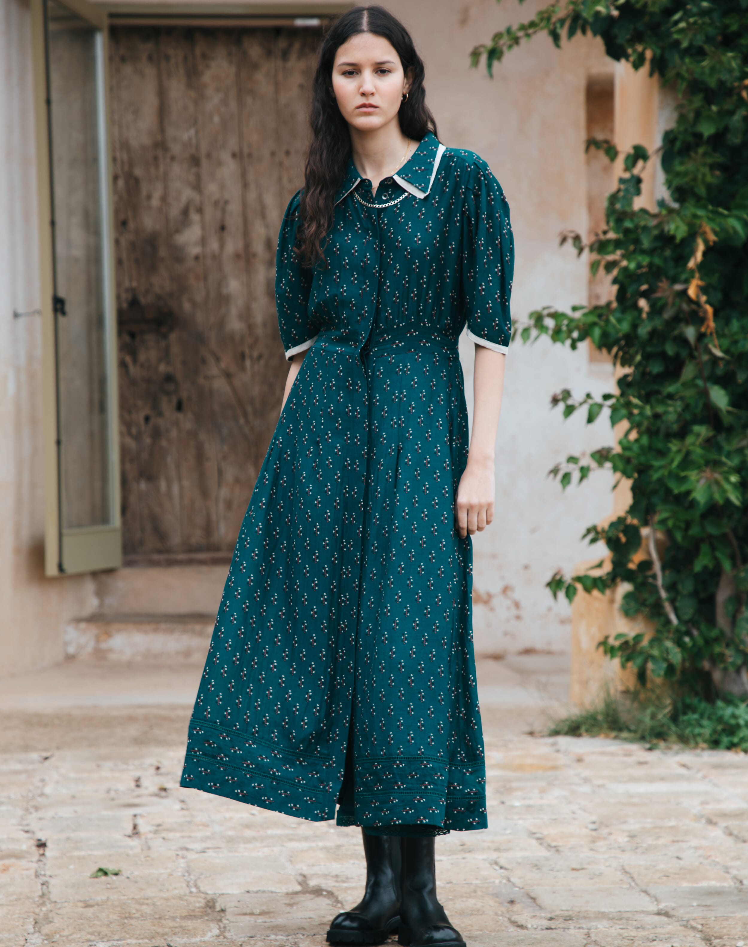 Brora Silk Cotton Motif Print Shirt Dress Mallard  - Size: 8