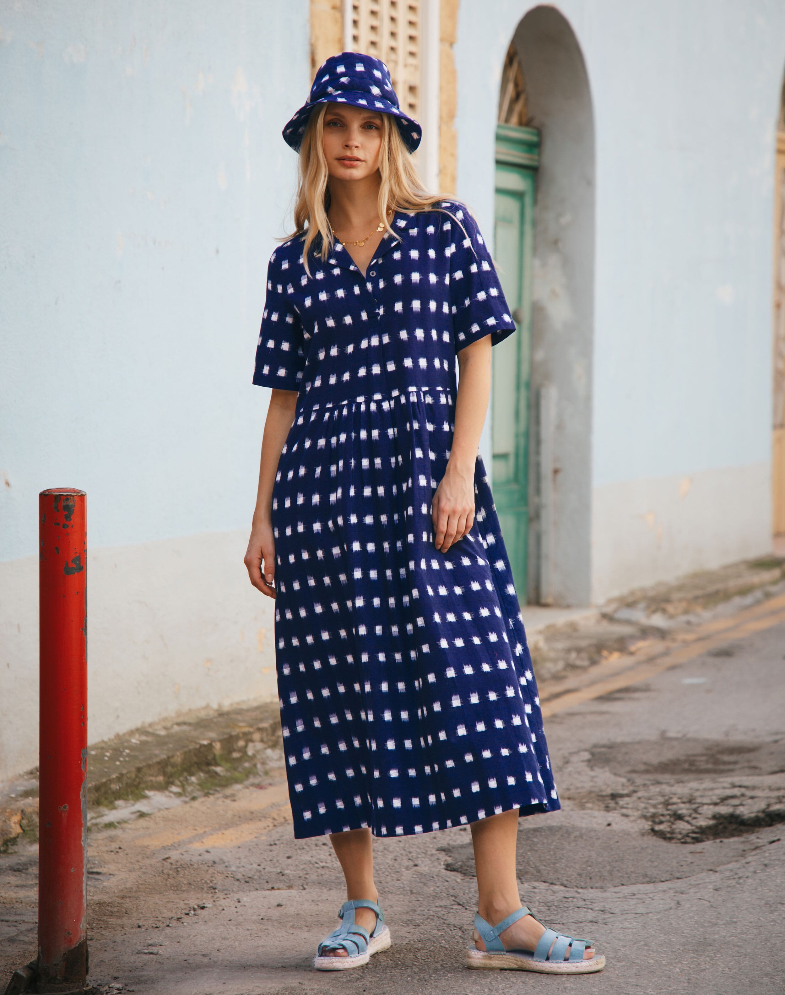 Brora Cotton Ikat Shirt Dress Navy  - Size: 8