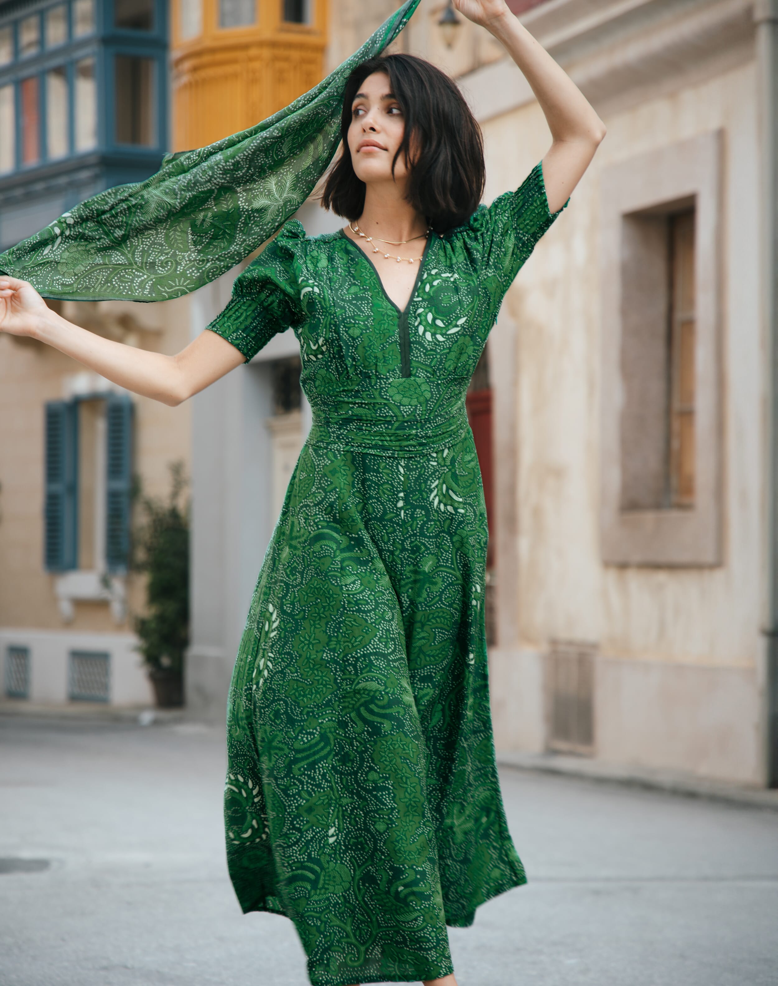 Brora Silk Cotton Batik Print Dress Leaf green  - Size: 8