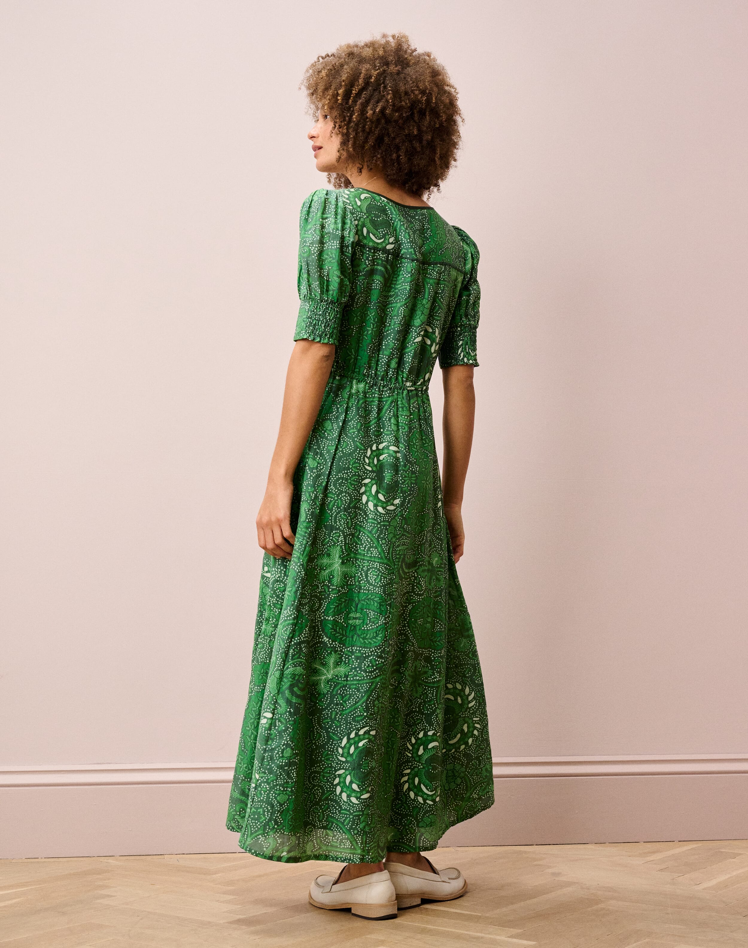 Silk Cotton Batik Print Dress in Leaf Green | Brora Womenswear