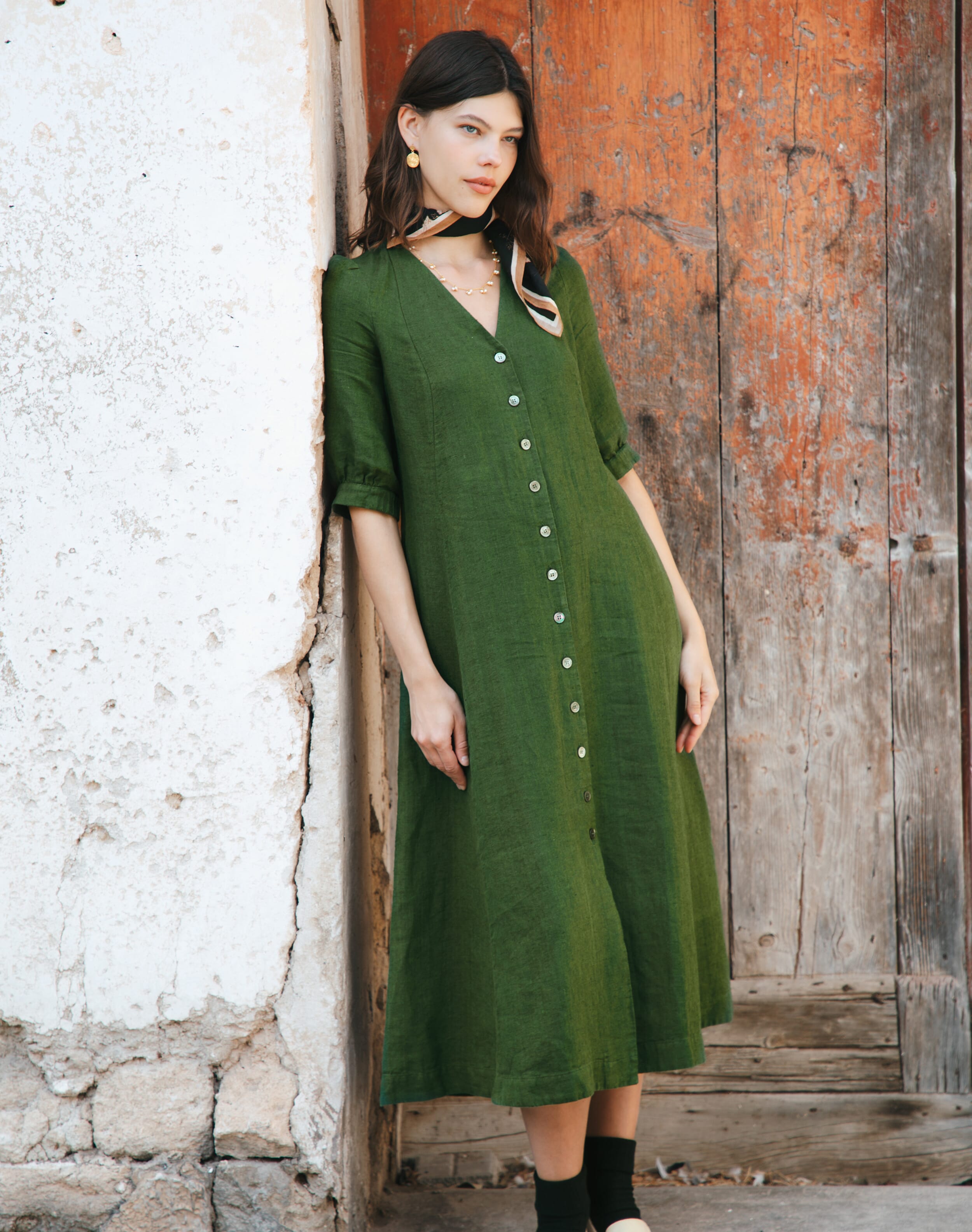 Brora Herringbone Linen Shirt Dress Kelp  - Size: 16