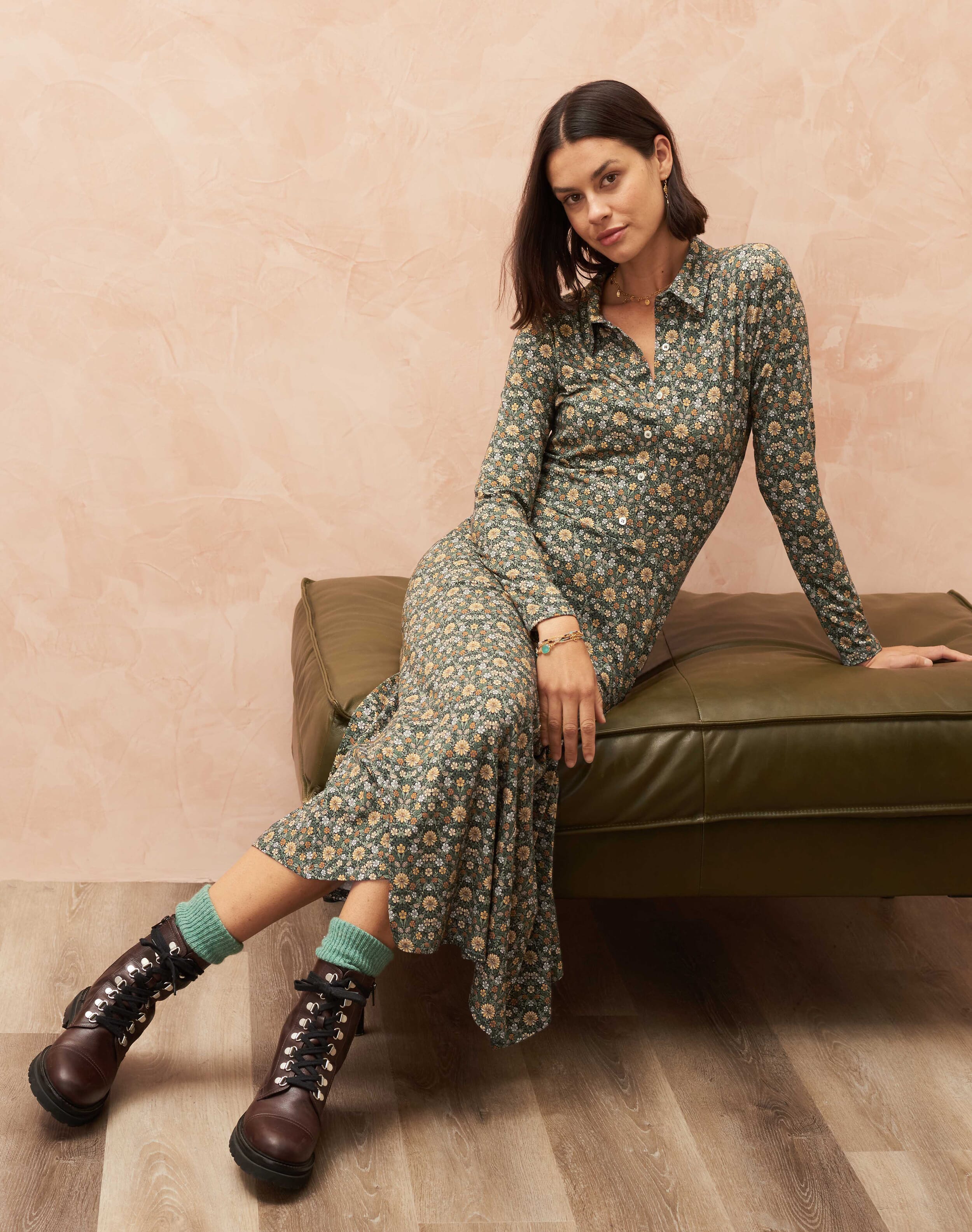 Liberty Print Jersey Shirt Dress In Olive Meadow Women s Dresses