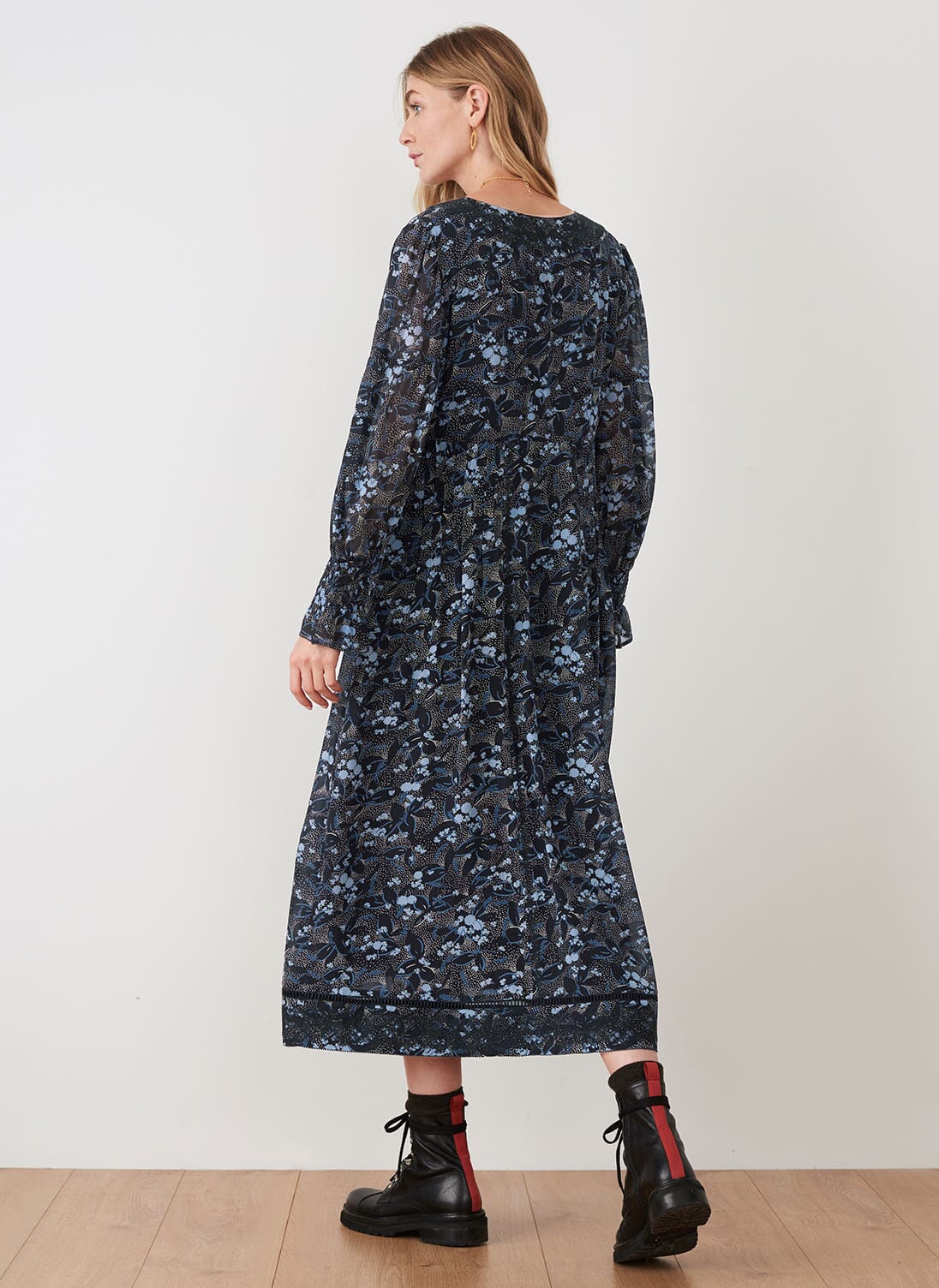 Black & Cobalt Silk Ditsy Floral Dress | Womenswear | Brora