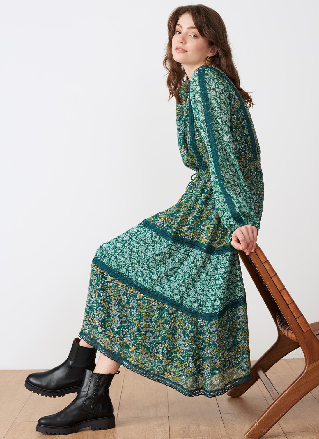 Silk Patchwork Dress Emerald
