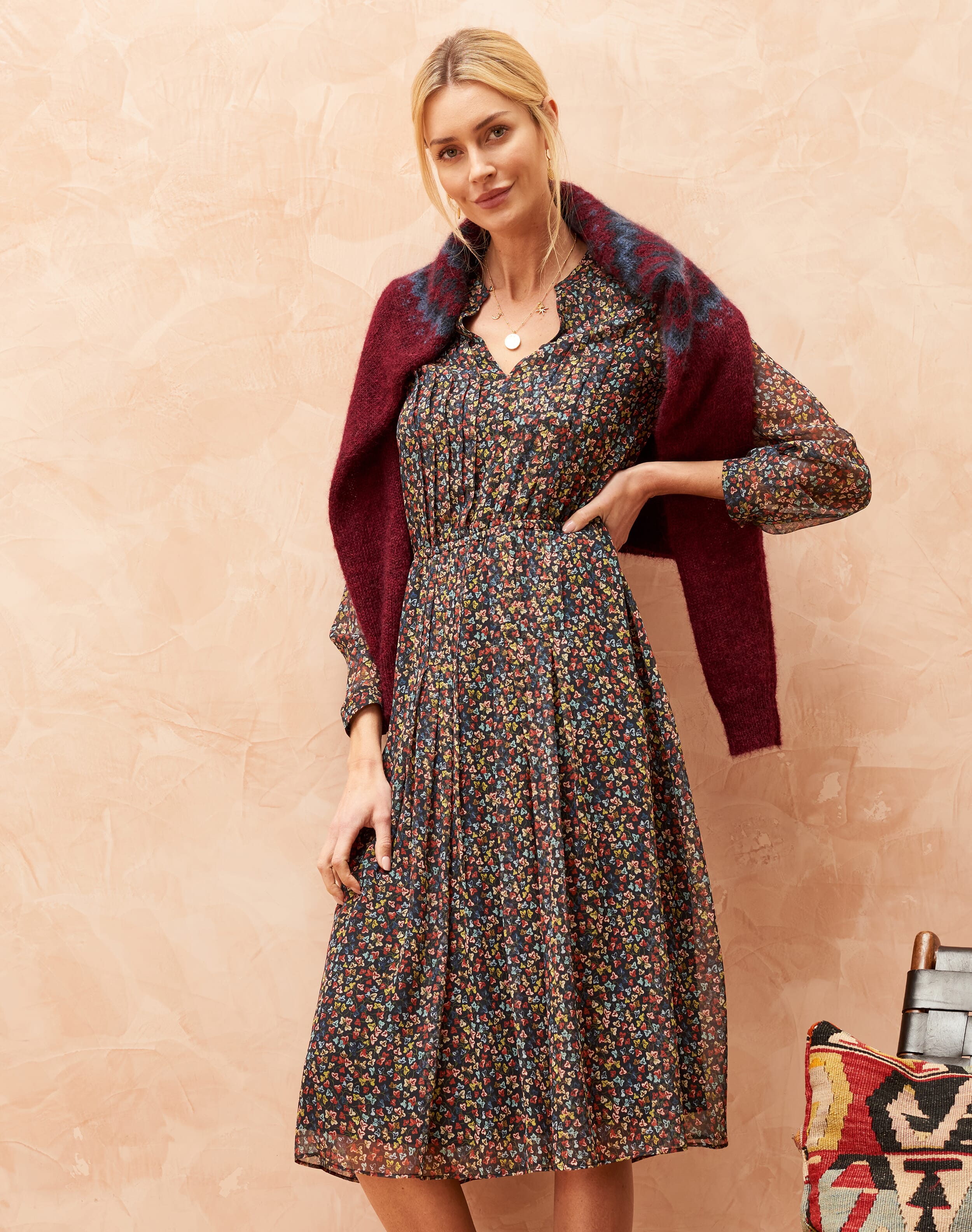 Liberty Print Silk Chiffon Pintuck Dress in Russet Leaf Brora