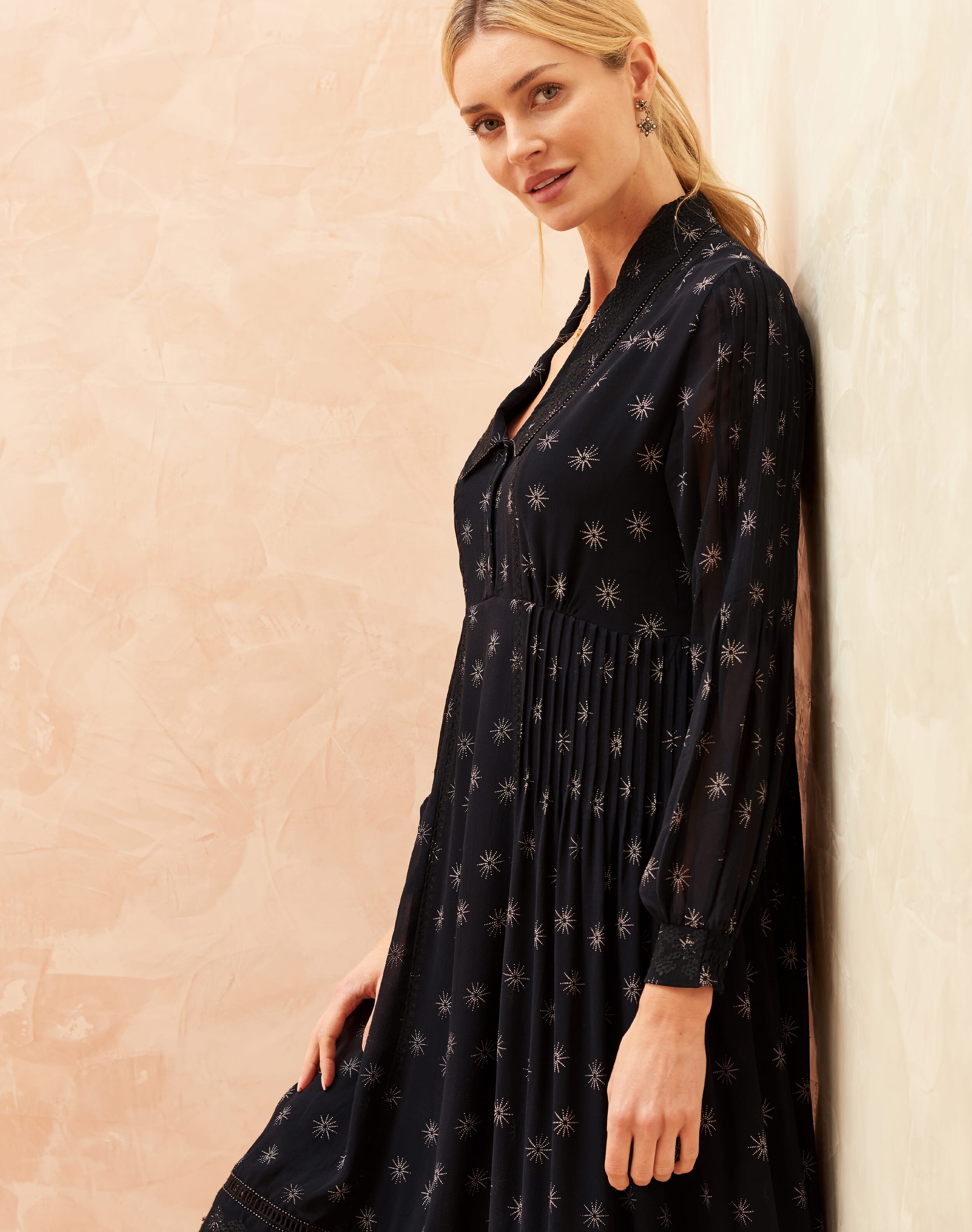 Silk Etched Star Embroidered Dress Midnight