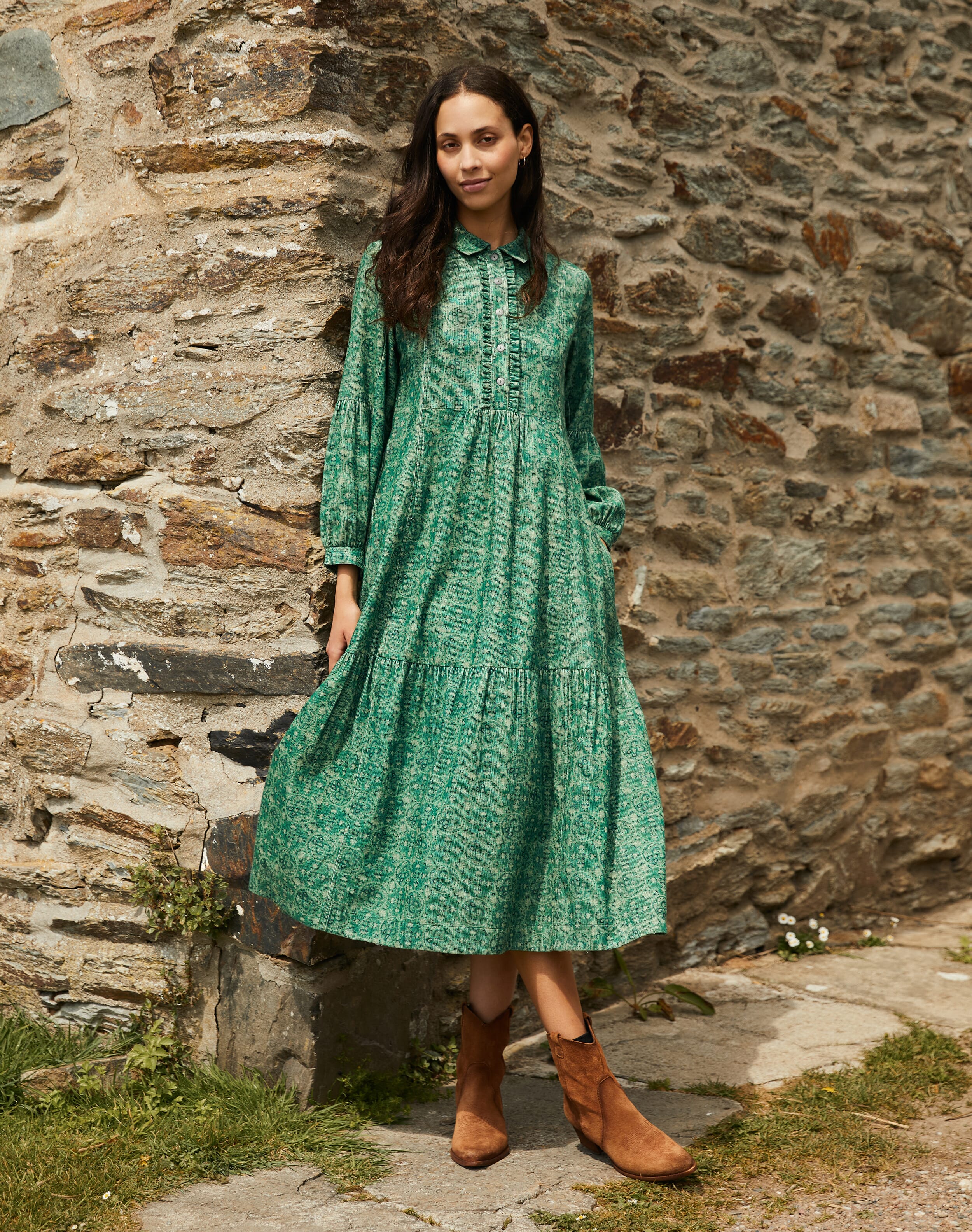 Brora Needlecord Circle Motif Dress Thyme