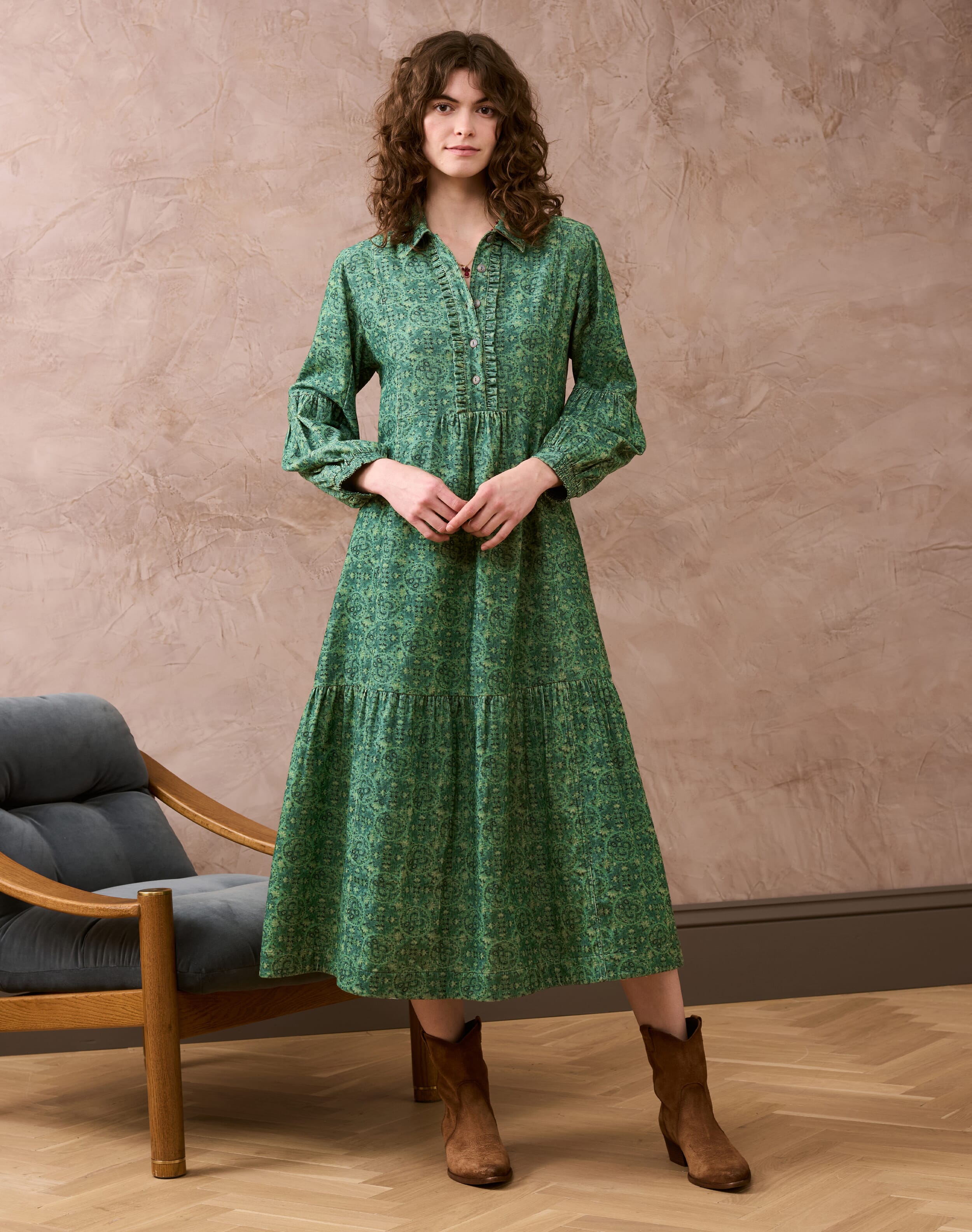 Brora Needlecord Circle Motif Dress Thyme