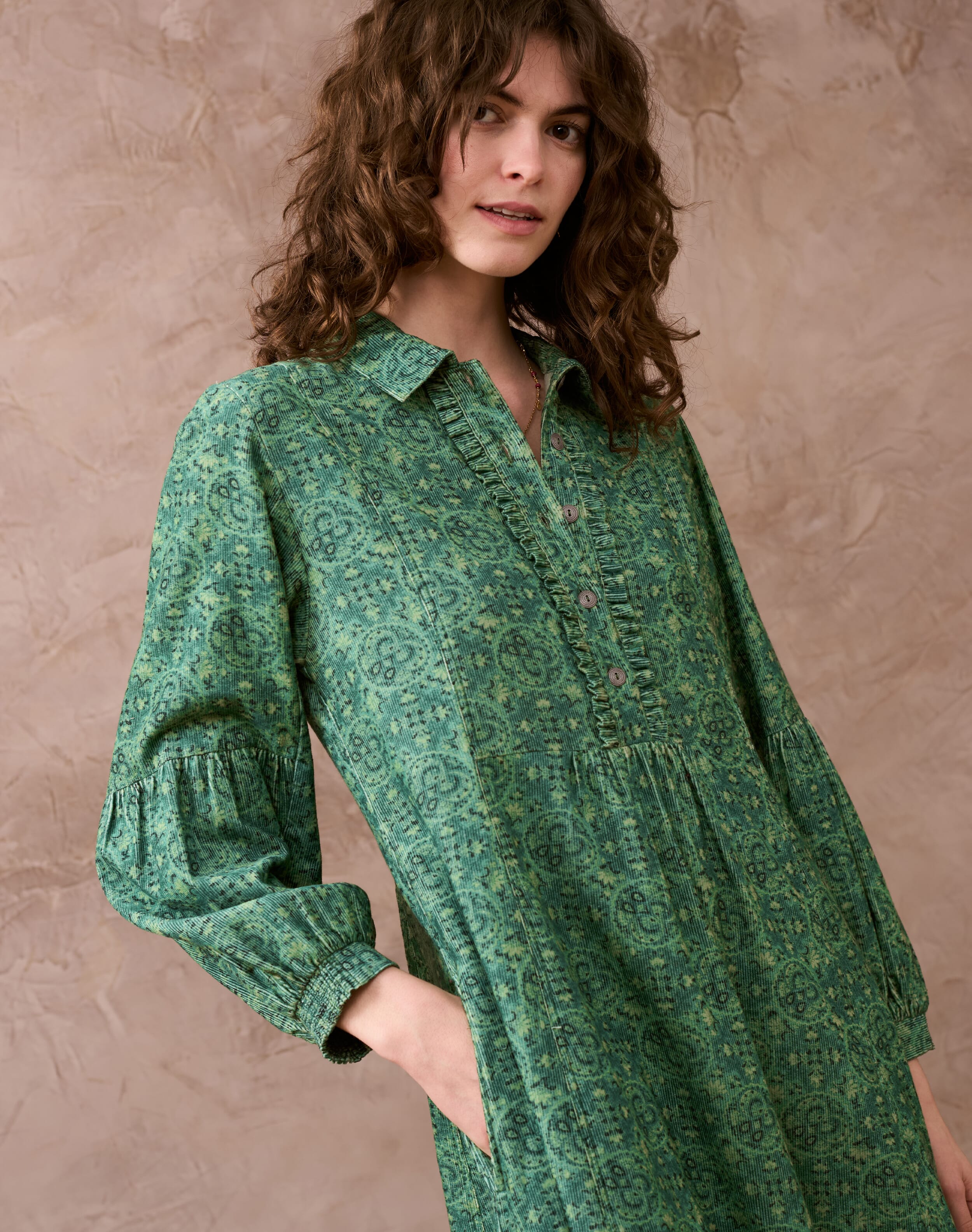 Women's Green Needlecord Circle Motif Dress | Brora Sale Women's Green Needlecord Circle Motif Dress | Brora Sale