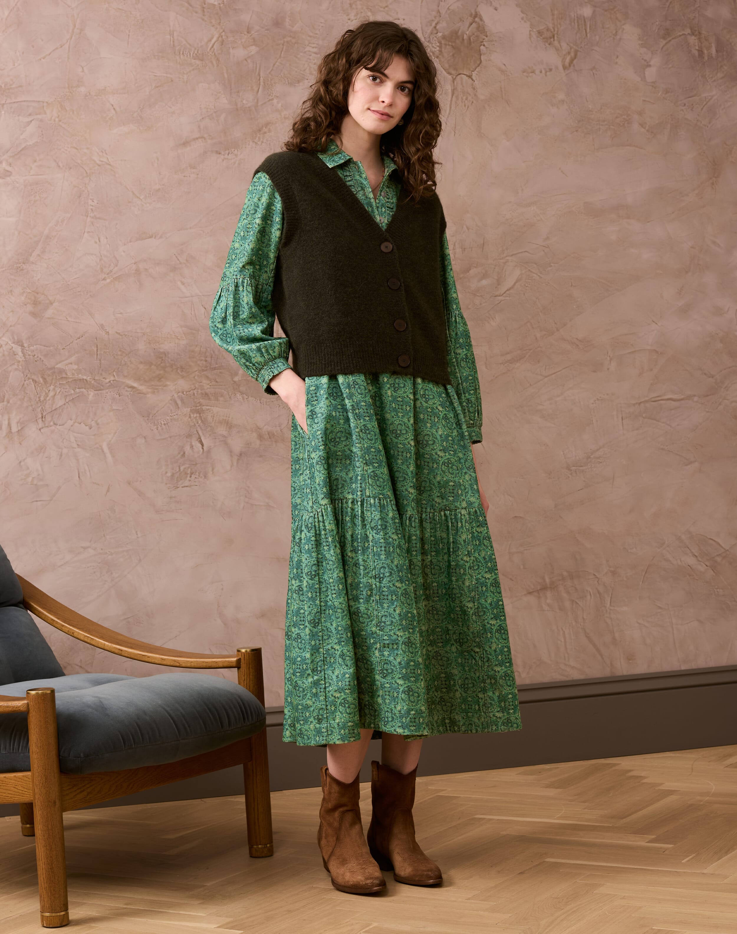 Women's Green Needlecord Circle Motif Dress | Brora Sale